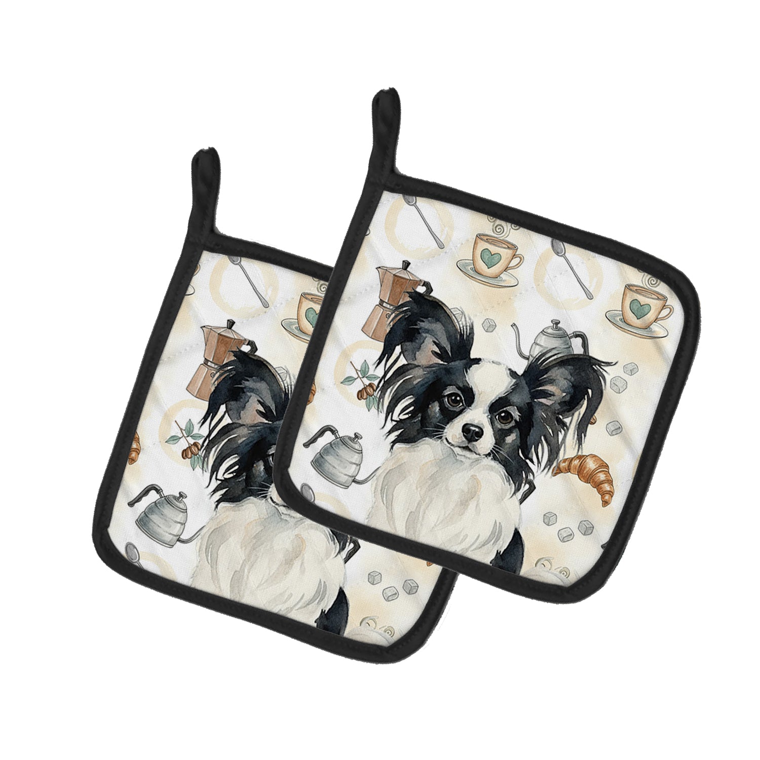 Caroline's Treasures Black and White Papillon Coffee Bar Pair of Pot Holders