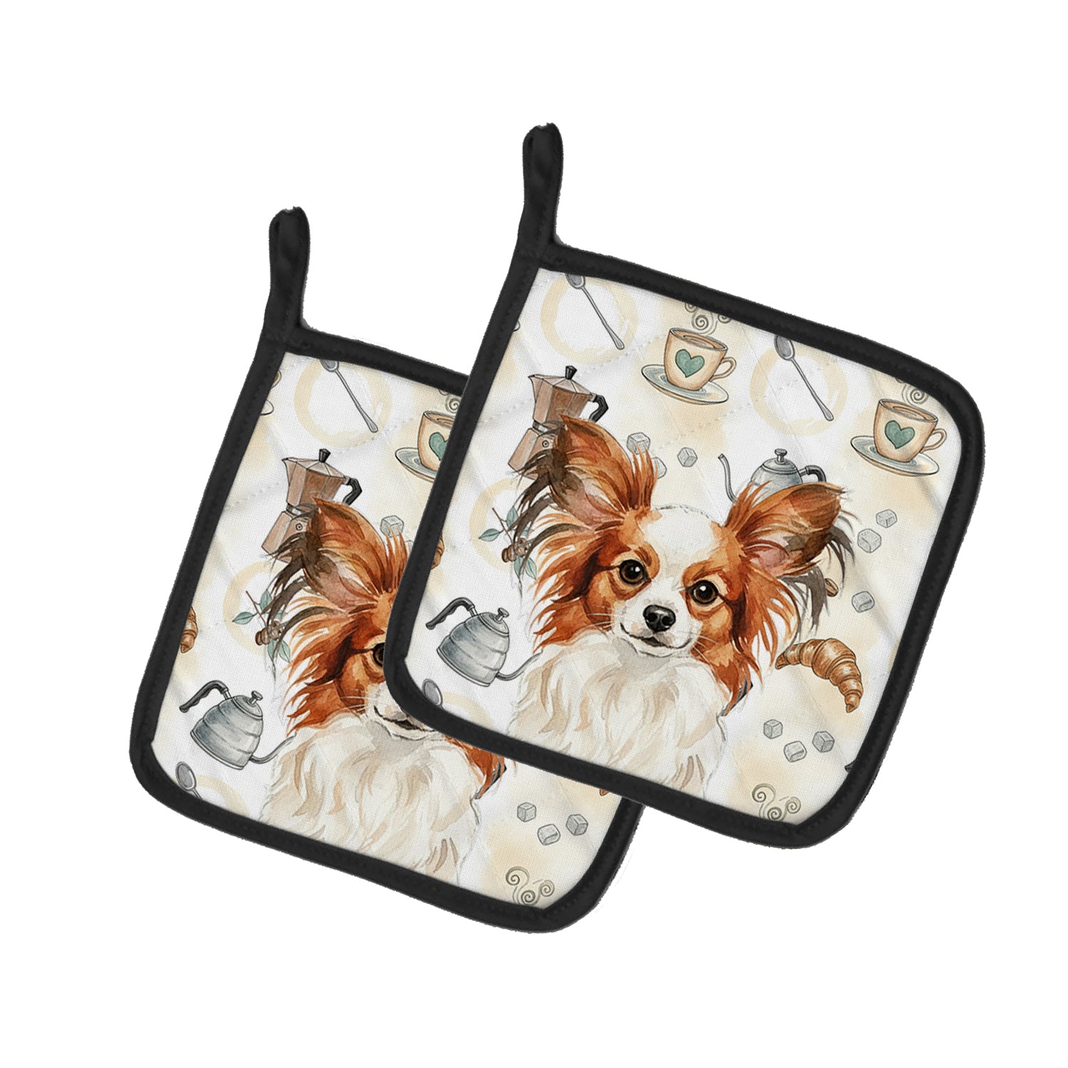 Caroline's Treasures White with Red Papillon Coffee Bar Pair of Pot Holders