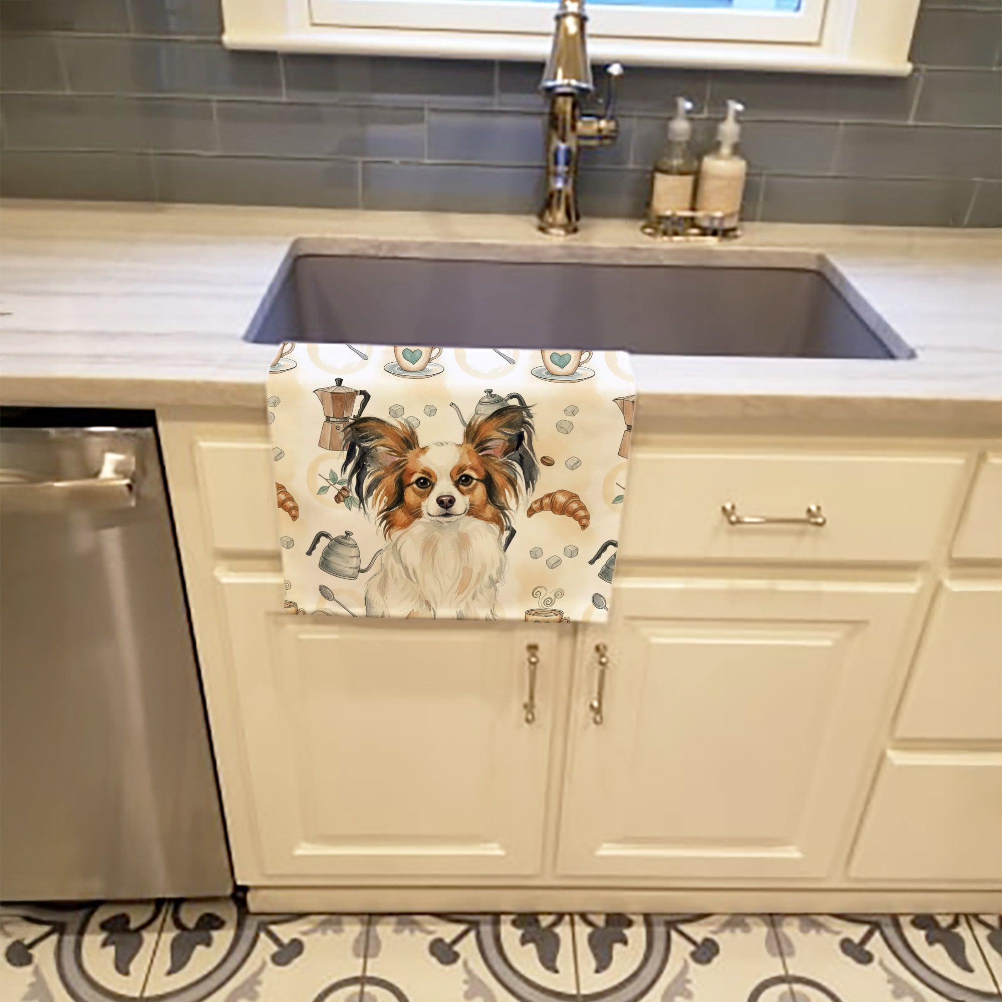 Caroline's Treasures White with Sable Papillon Coffee Bar Kitchen Towel