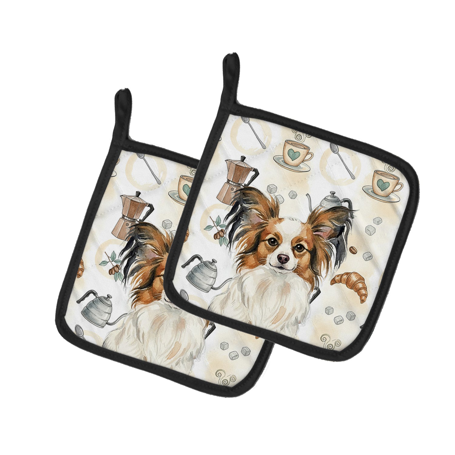 Caroline's Treasures White with Sable Papillon Coffee Bar Pair of Pot Holders