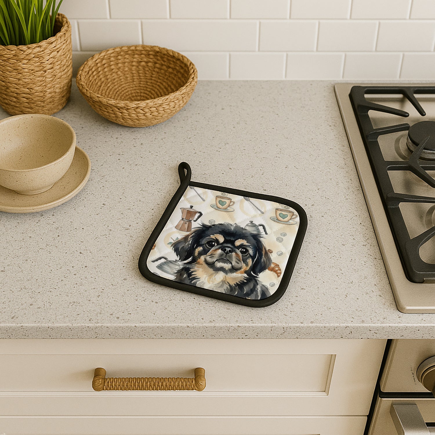 Caroline's Treasures Black and Tan Pekingese Coffee Bar Pair of Pot Holders