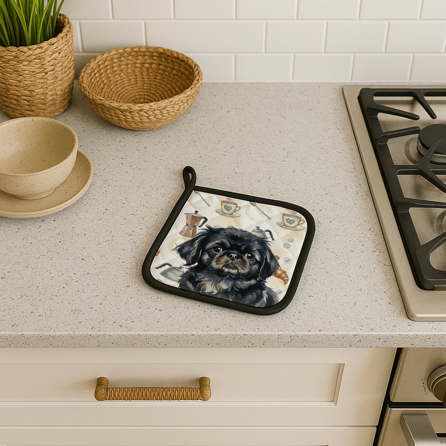 Caroline's Treasures Black Pekingese Coffee Bar Pair of Pot Holders