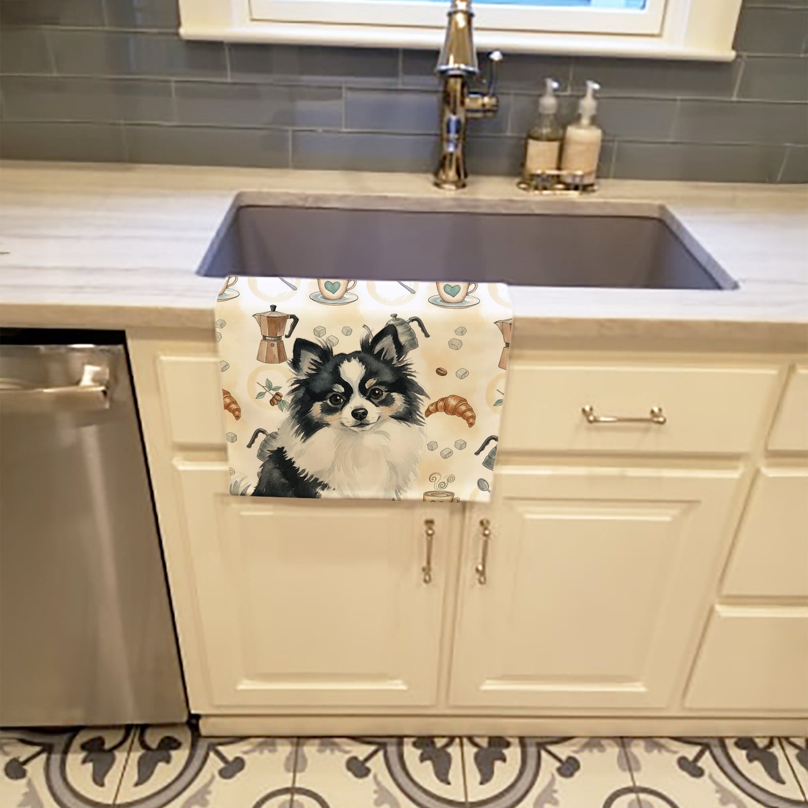 Caroline's Treasures Black and White Pomeranian Coffee Bar Kitchen Towel