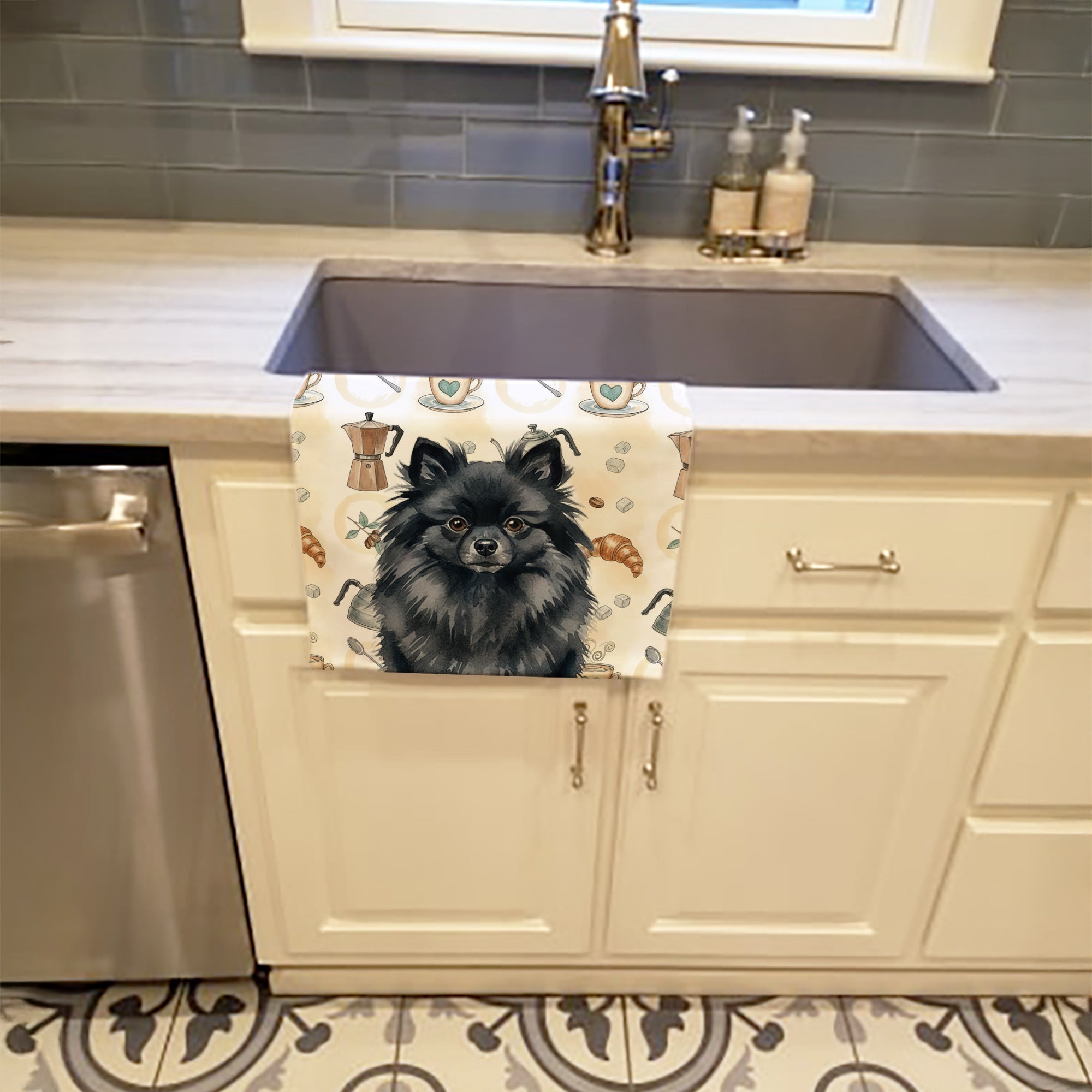 Caroline's Treasures Black Pomeranian Coffee Bar Kitchen Towel