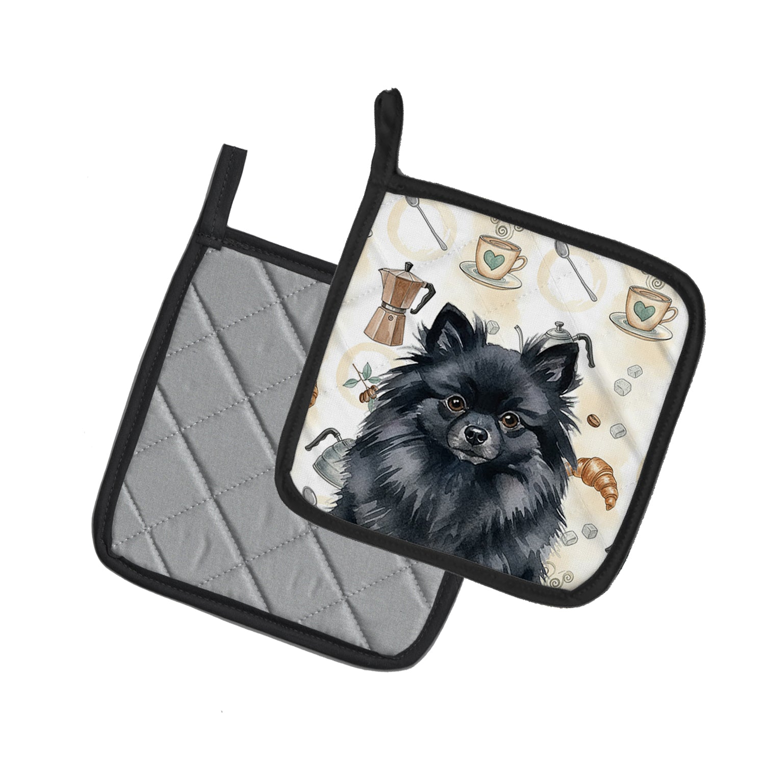Caroline's Treasures Black Pomeranian Coffee Bar Pair of Pot Holders