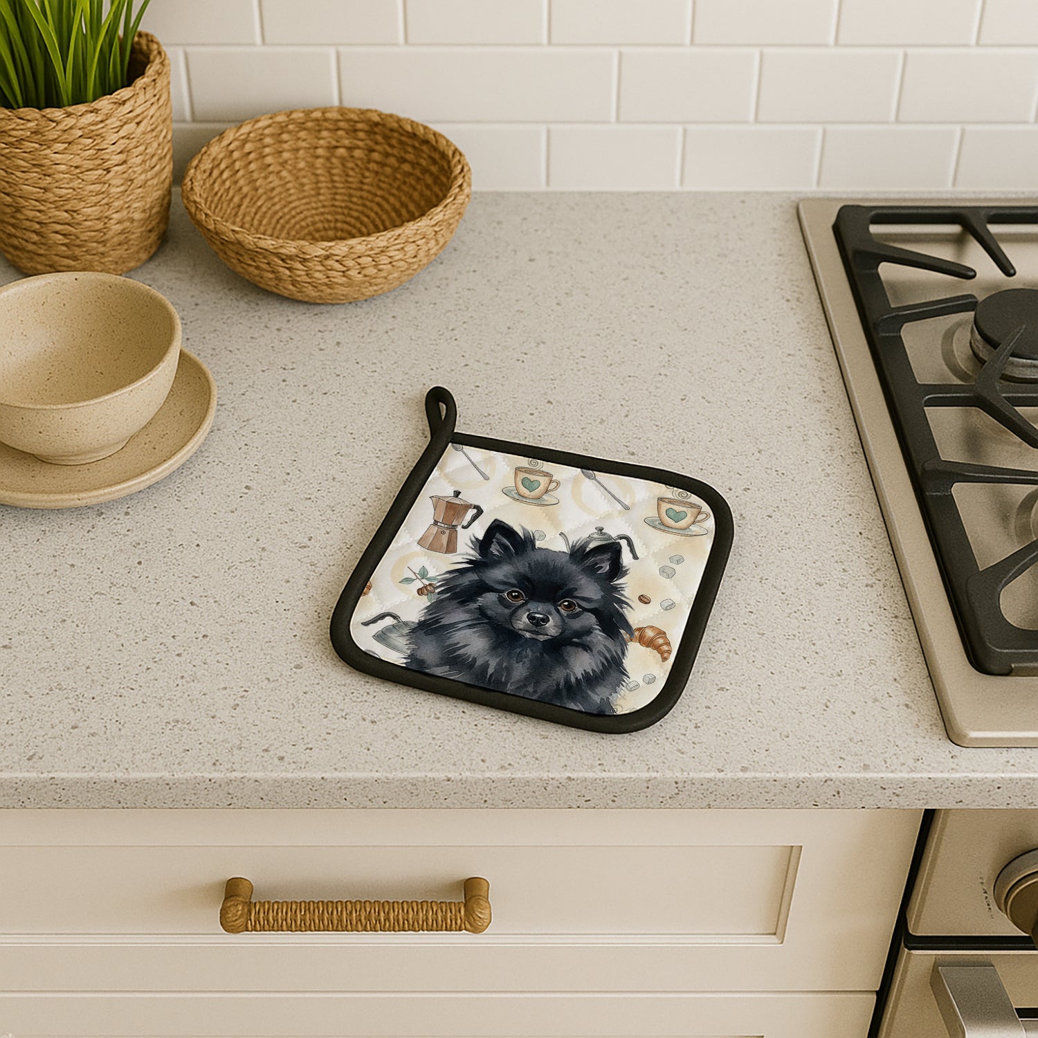 Caroline's Treasures Black Pomeranian Coffee Bar Pair of Pot Holders