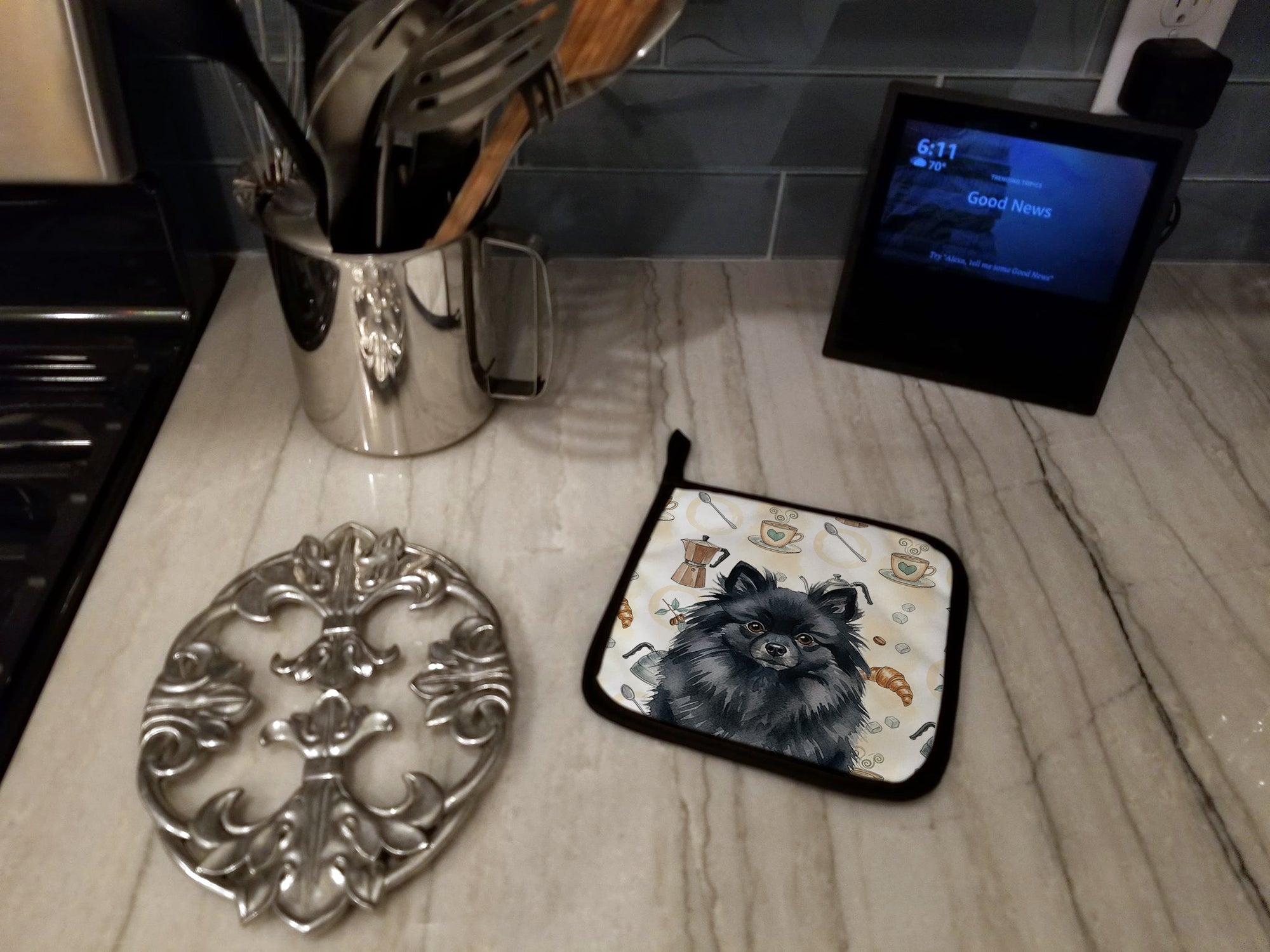 Caroline's Treasures Black Pomeranian Coffee Bar Pair of Pot Holders