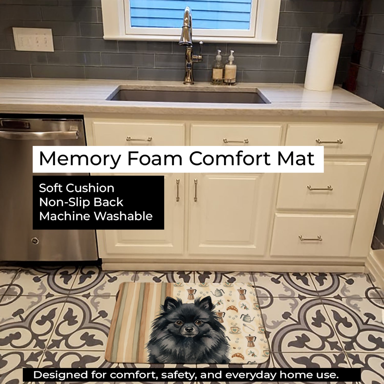 Caroline's Treasures Black Pomeranian Coffee Bar Memory Foam Kitchen Mat