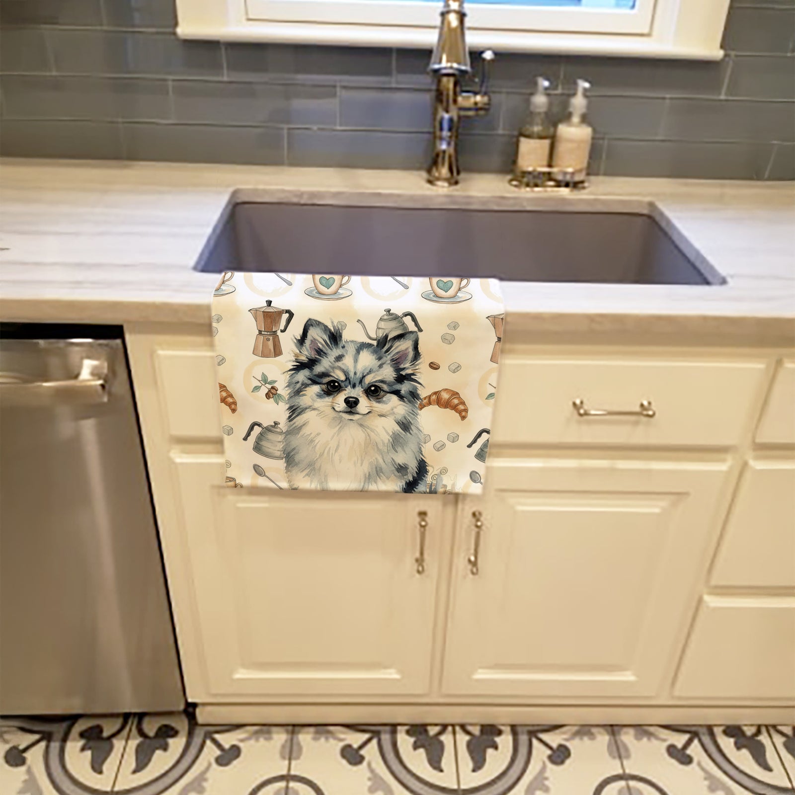 Caroline's Treasures Blue Merle Pomeranian Coffee Bar Kitchen Towel