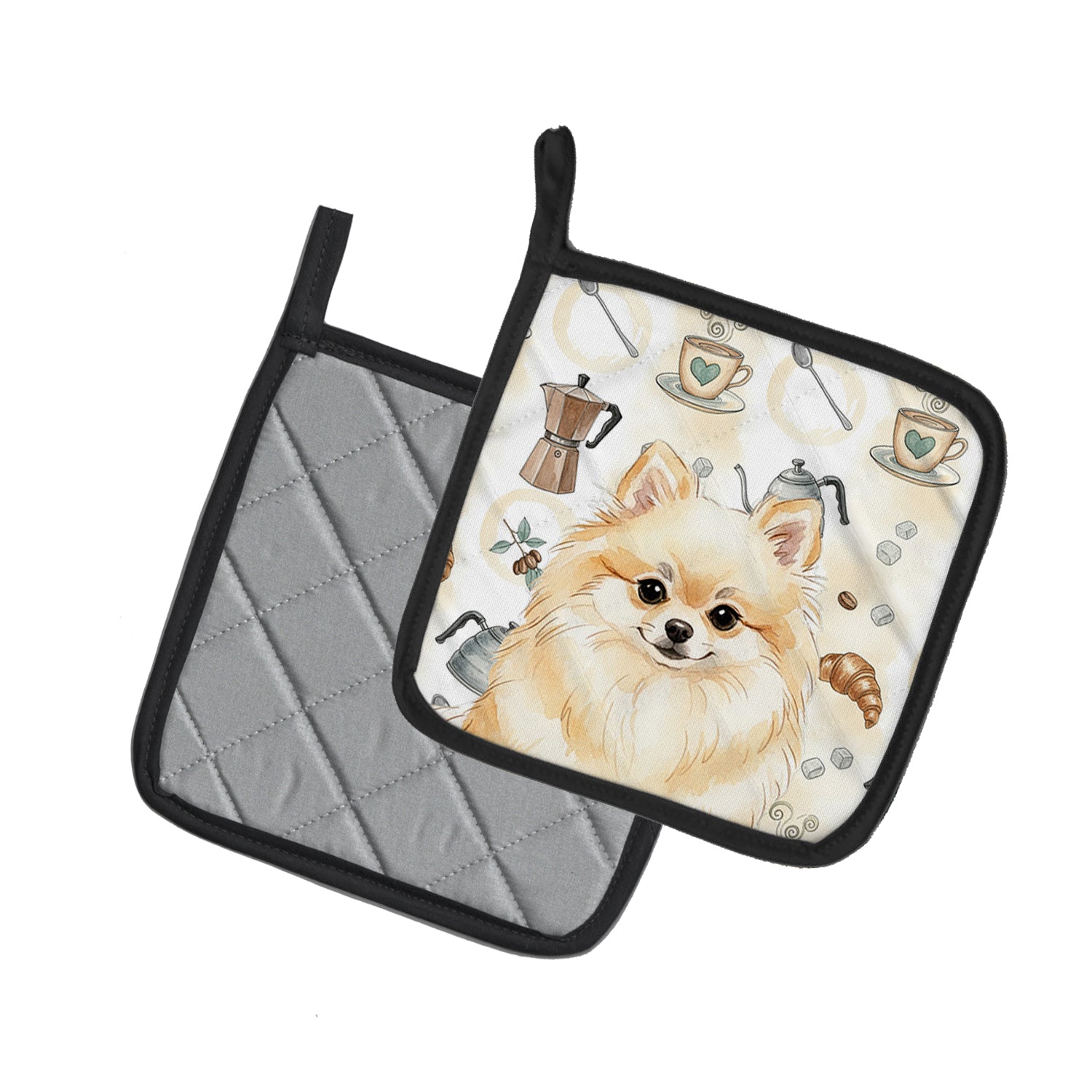 Caroline's Treasures Cream Pomeranian Coffee Bar Pair of Pot Holders