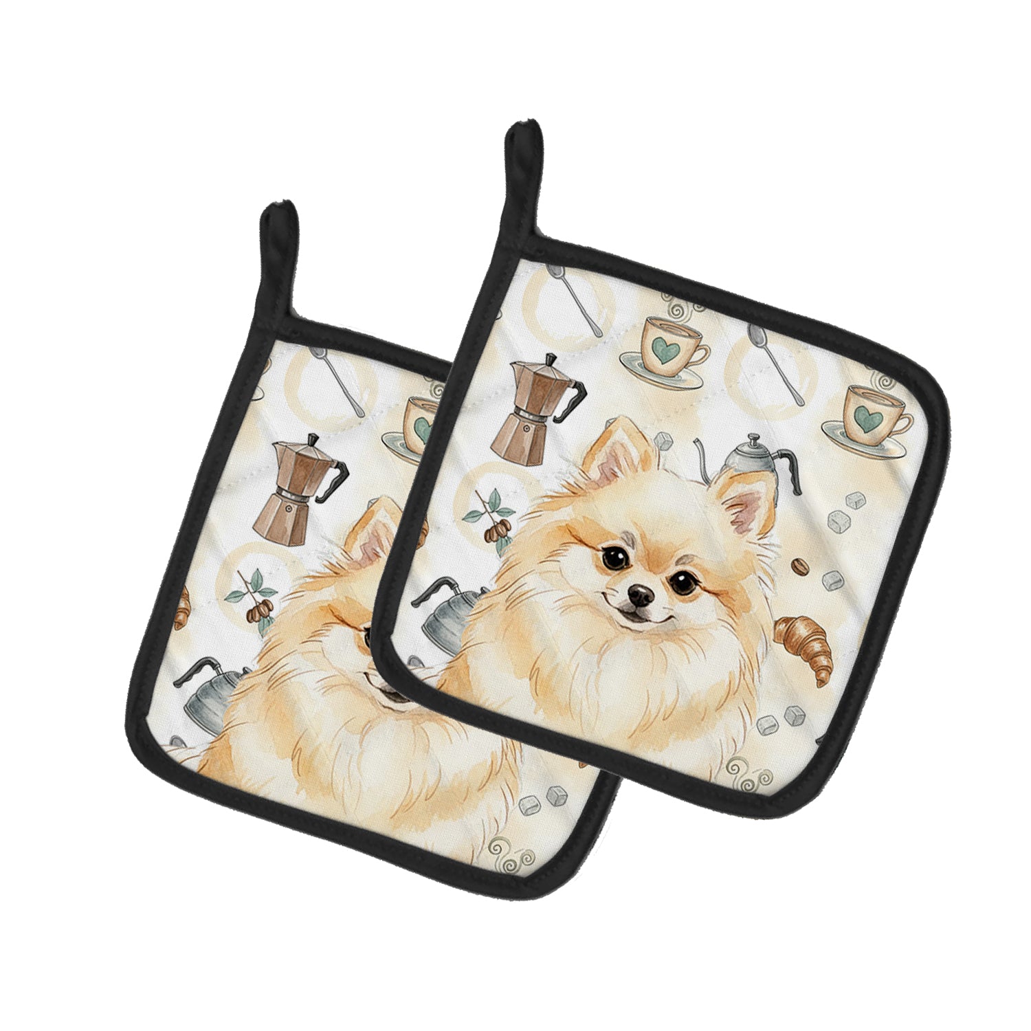 Caroline's Treasures Cream Pomeranian Coffee Bar Pair of Pot Holders