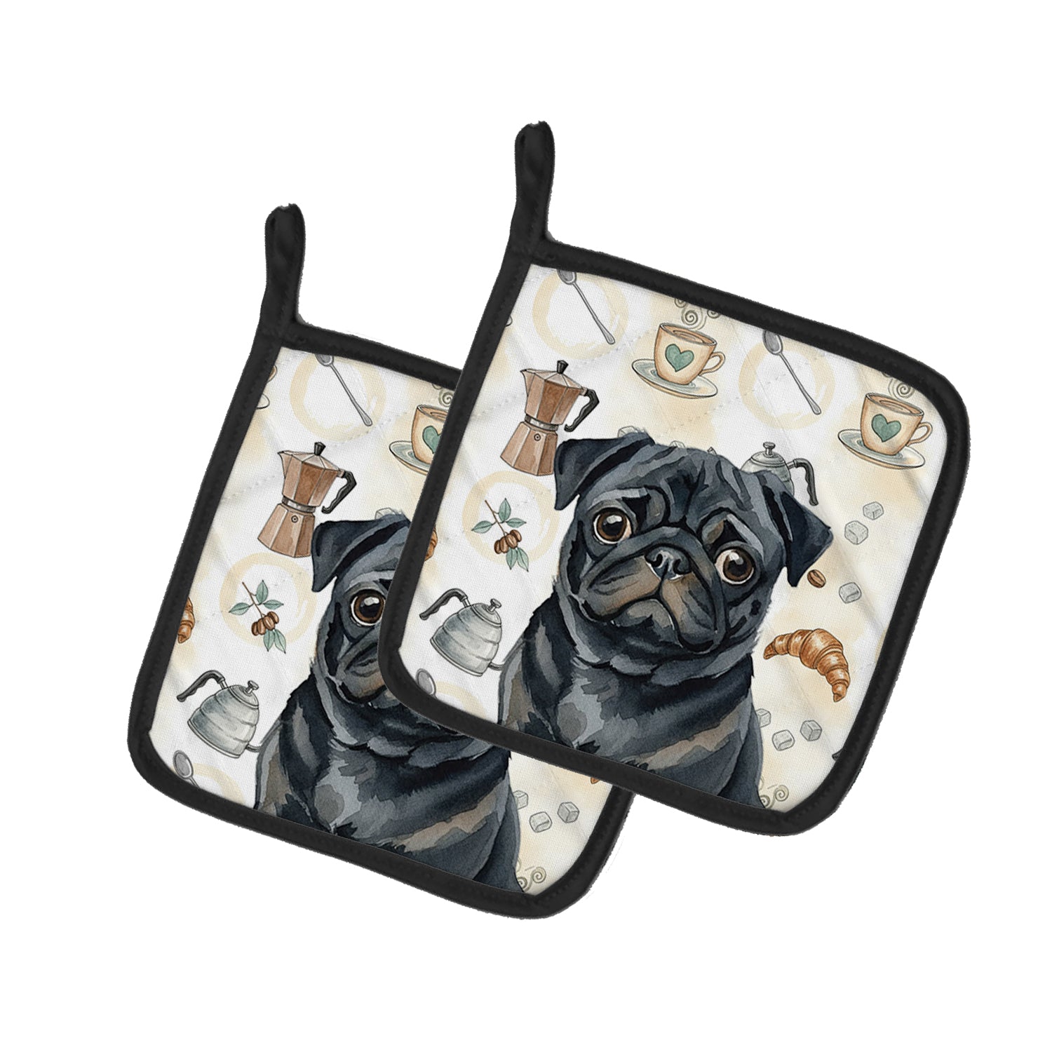 Caroline's Treasures Black Pug Coffee Bar Pair of Pot Holders