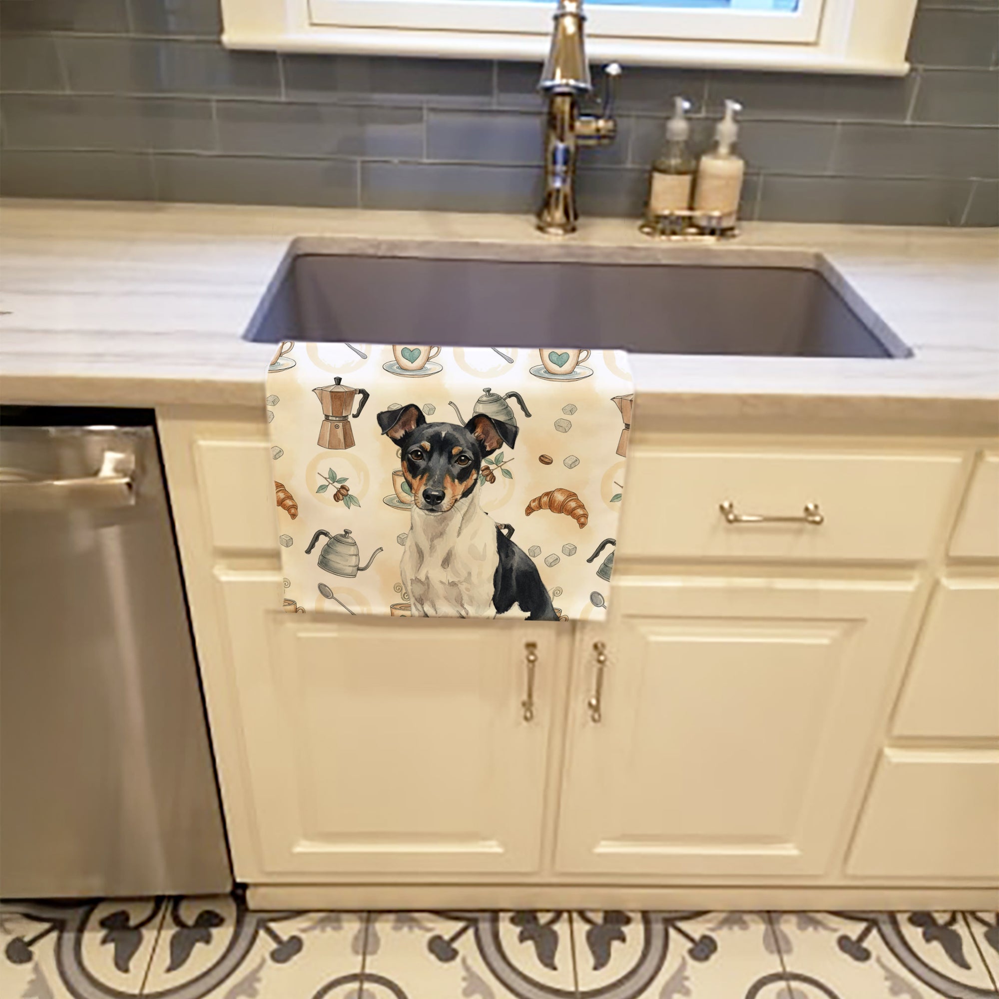 Caroline's Treasures Black and White Rat Terrier Coffee Bar Kitchen Towel