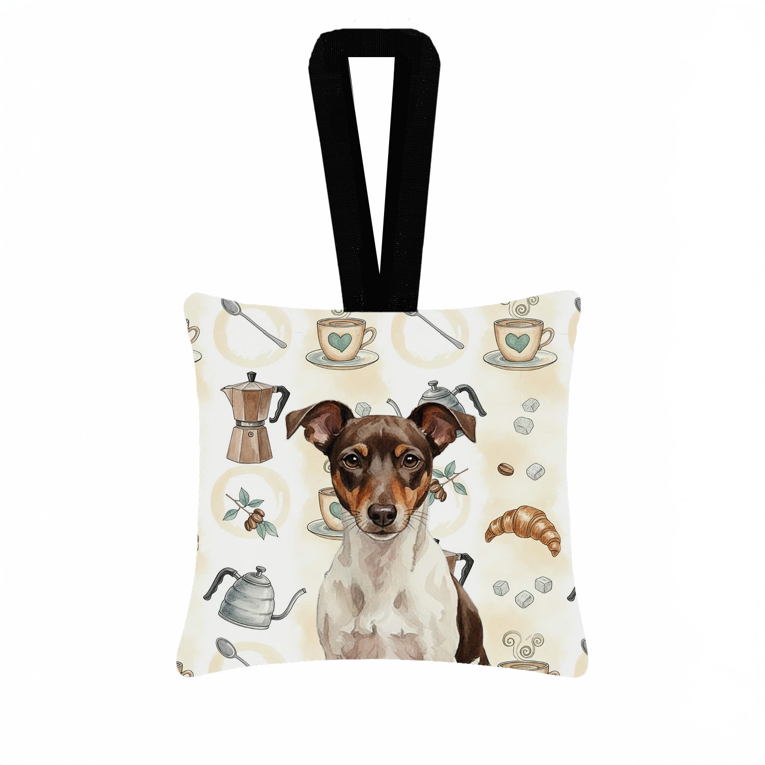 Caroline's Treasures Chocolate and White Rat Terrier Coffee Bar Hanging Square Fabric Ornament 3.5 × 3.5