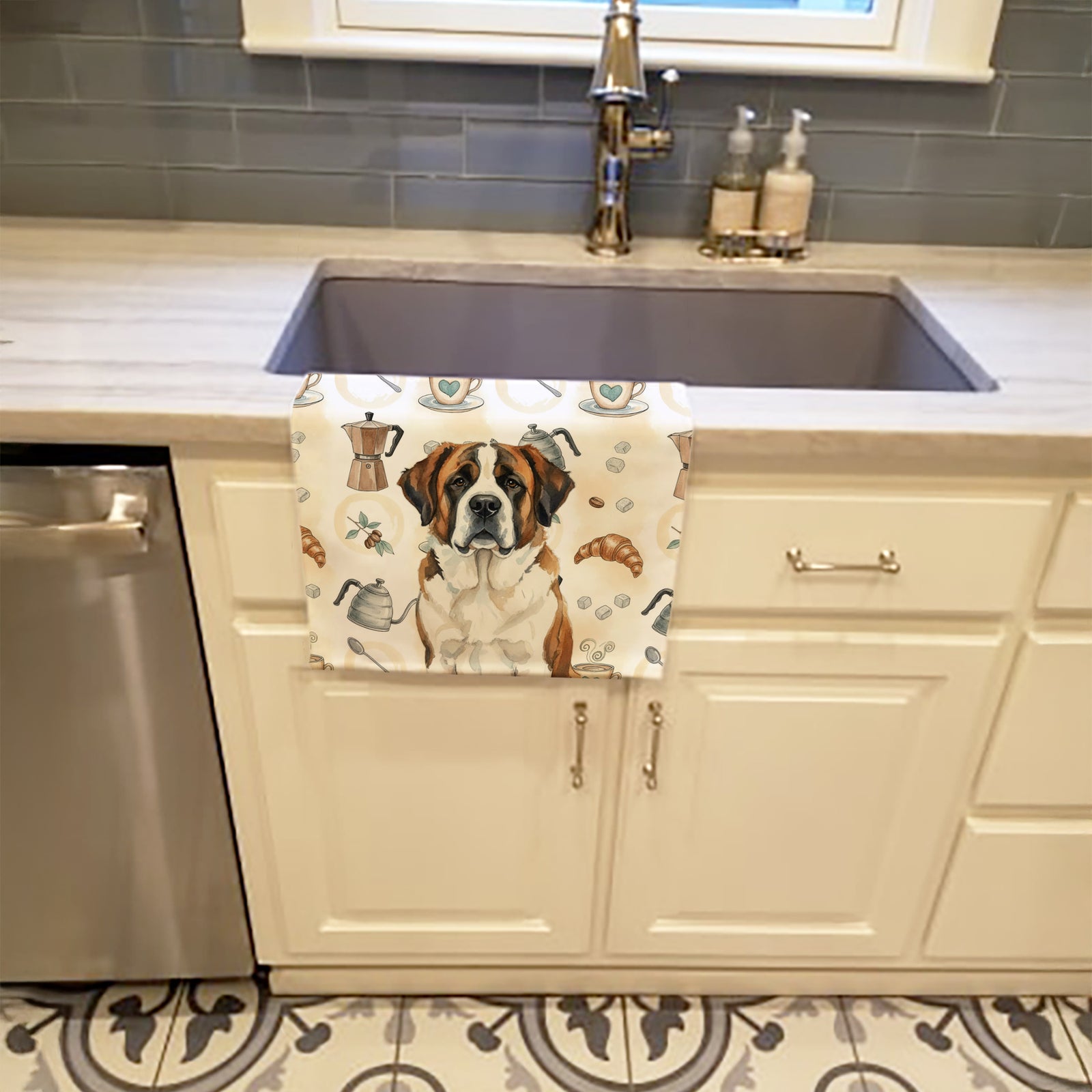 Caroline's Treasures Brindle and White Saint Bernard Coffee Bar Kitchen Towel