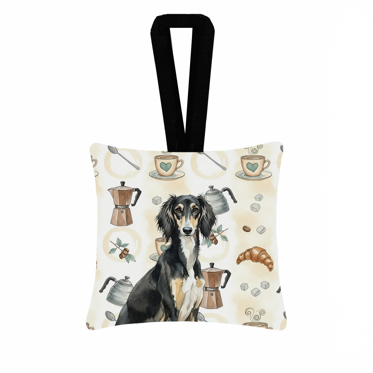 Caroline's Treasures Black and Tan Saluki Coffee Bar Hanging Square Fabric Ornament 3.5 × 3.5