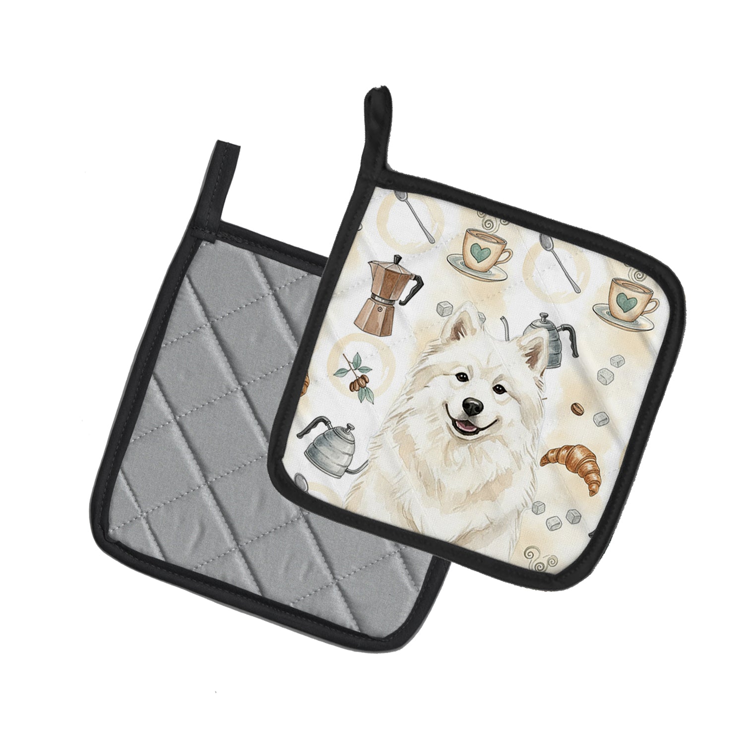 Caroline's Treasures Cream Samoyed Coffee Bar Pair of Pot Holders
