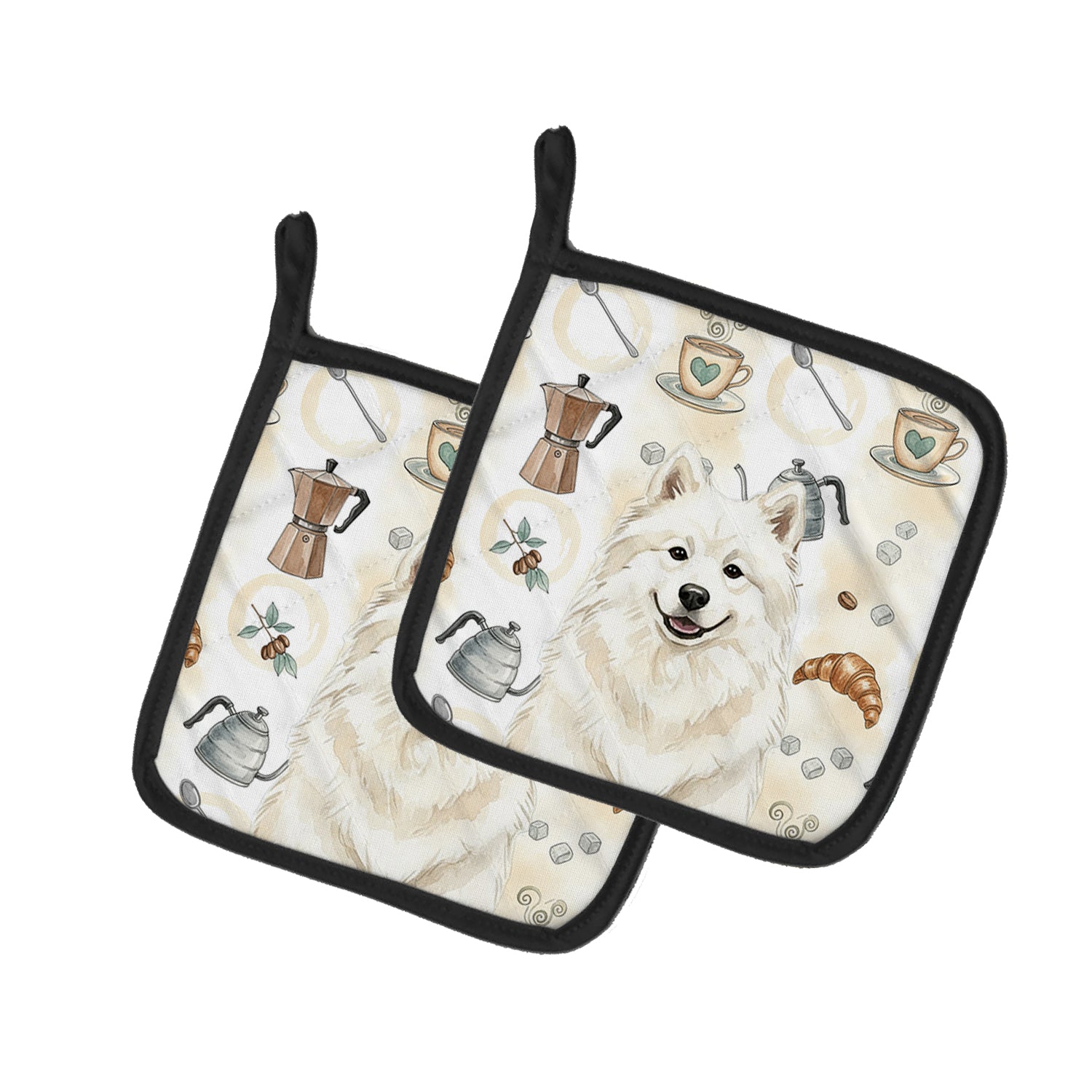 Caroline's Treasures Cream Samoyed Coffee Bar Pair of Pot Holders