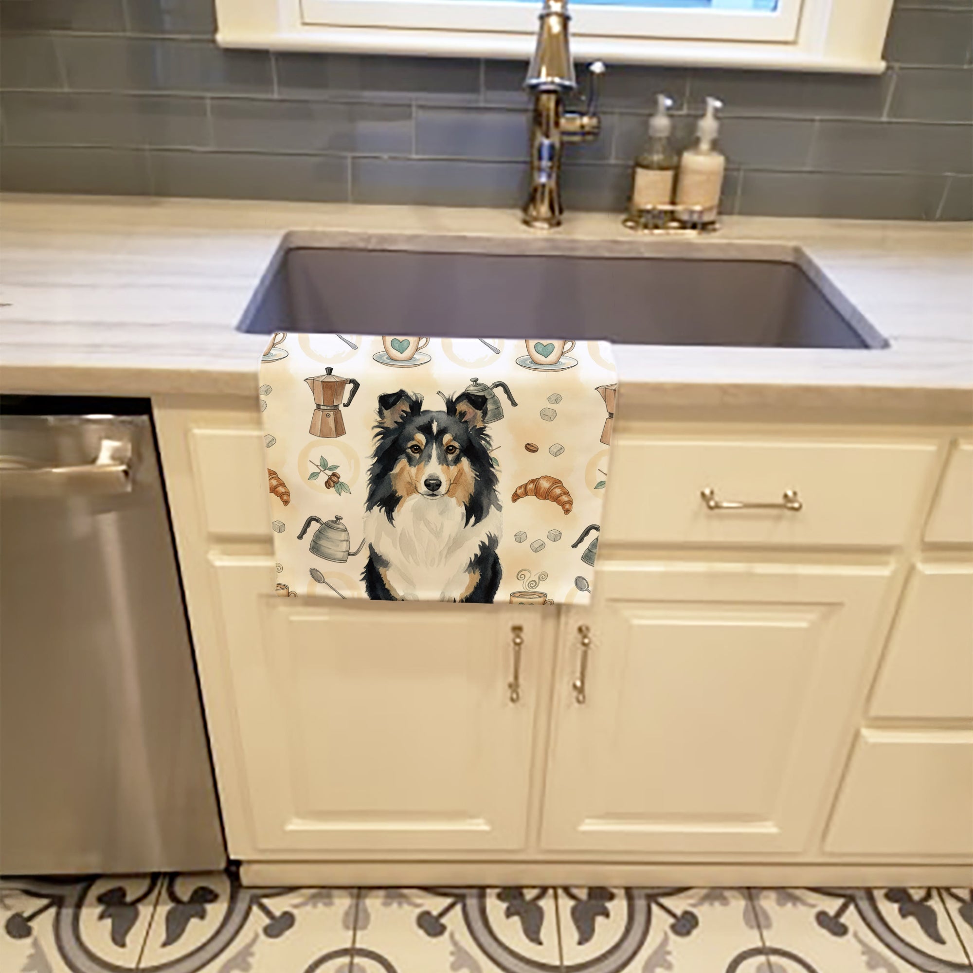 Caroline's Treasures Tricolor Sheltie Coffee Bar Kitchen Towel