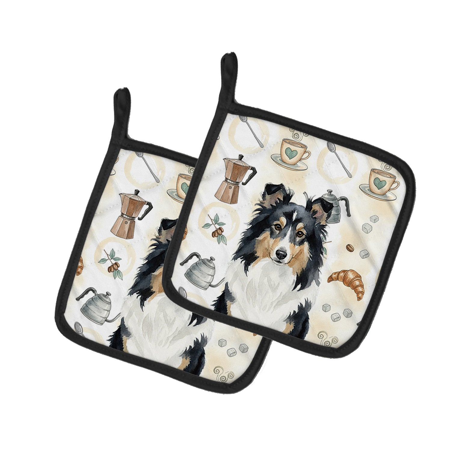Caroline's Treasures Tricolor Sheltie Coffee Bar Pair of Pot Holders