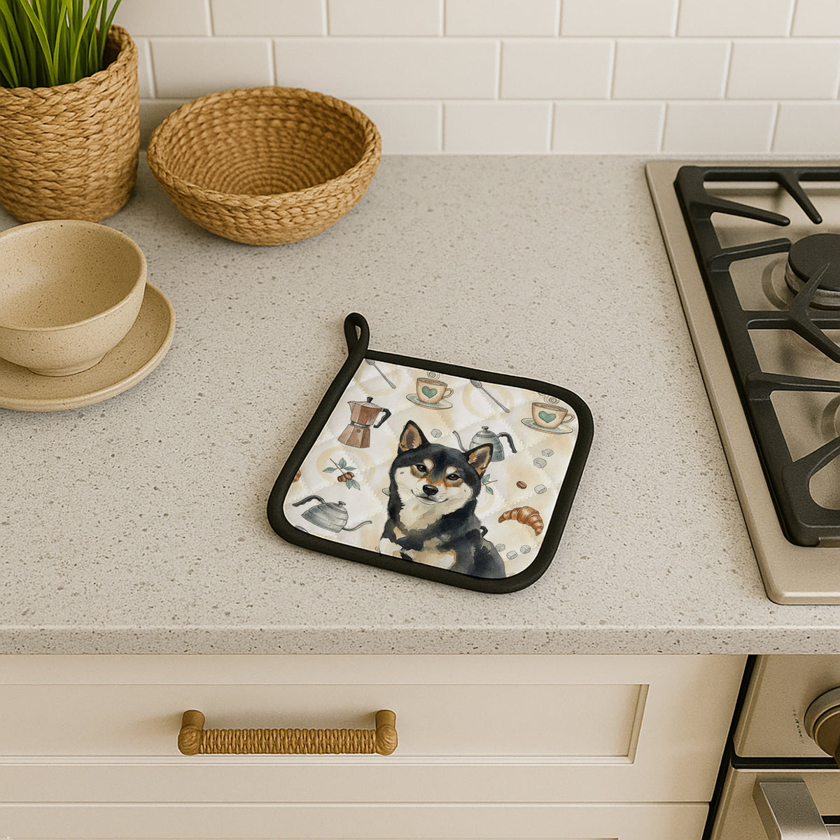 Caroline's Treasures Black and Tan Shiba Inu Coffee Bar Pair of Pot Holders