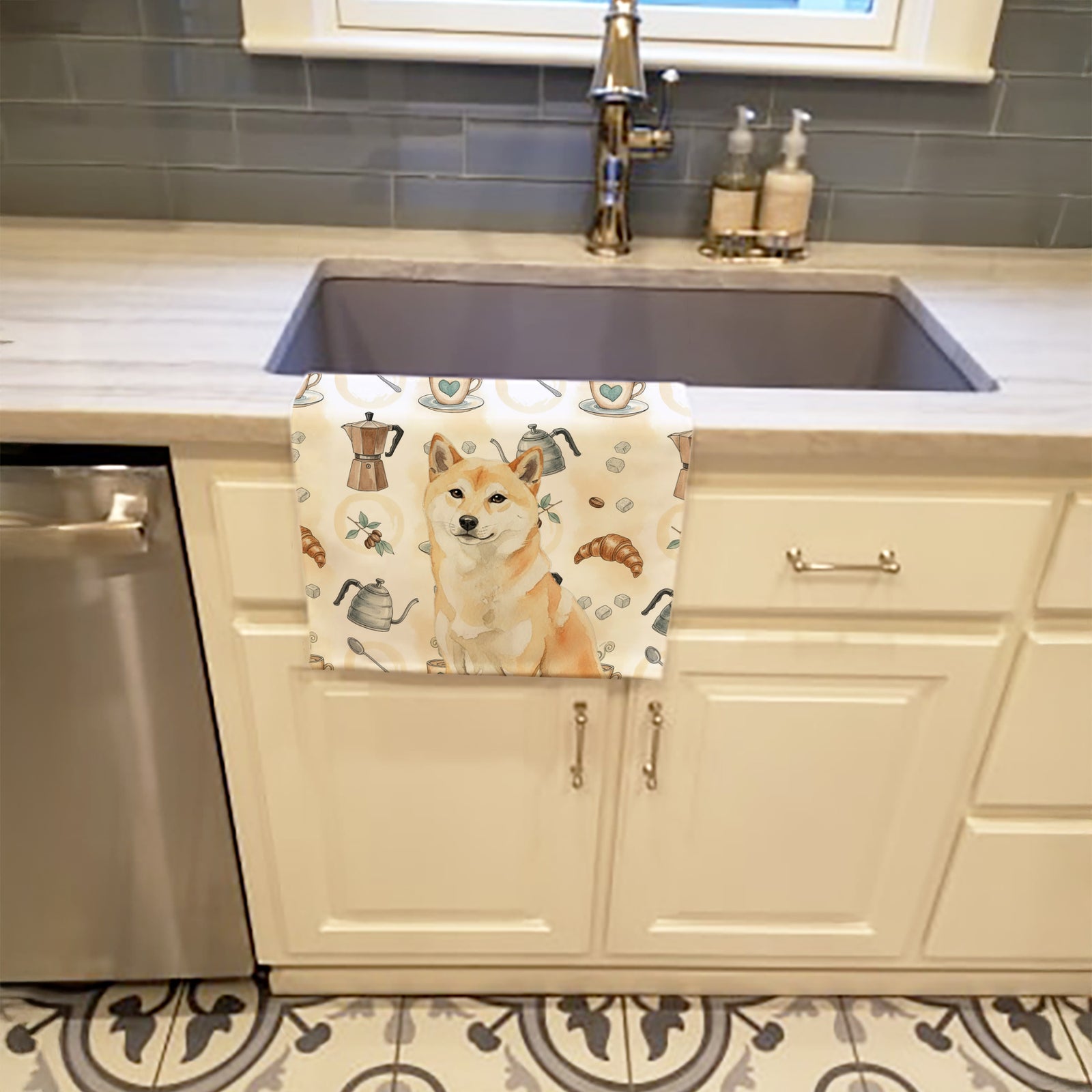 Caroline's Treasures Cream Shiba Inu Coffee Bar Kitchen Towel