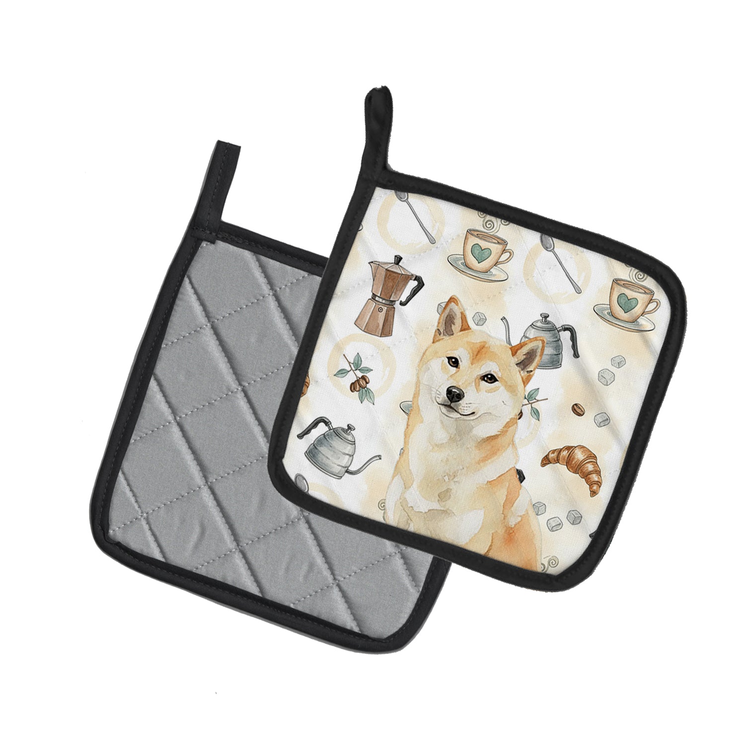 Caroline's Treasures Cream Shiba Inu Coffee Bar Pair of Pot Holders