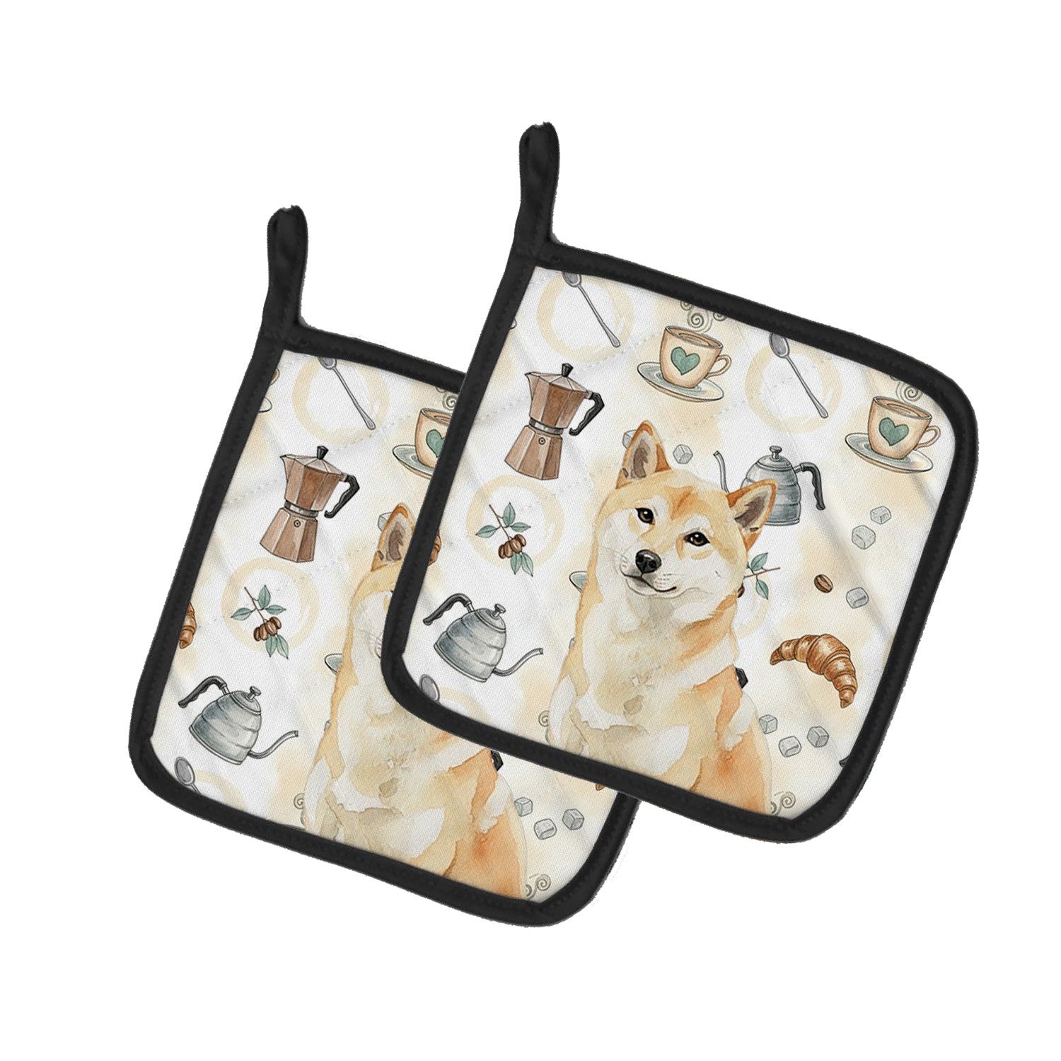 Caroline's Treasures Cream Shiba Inu Coffee Bar Pair of Pot Holders