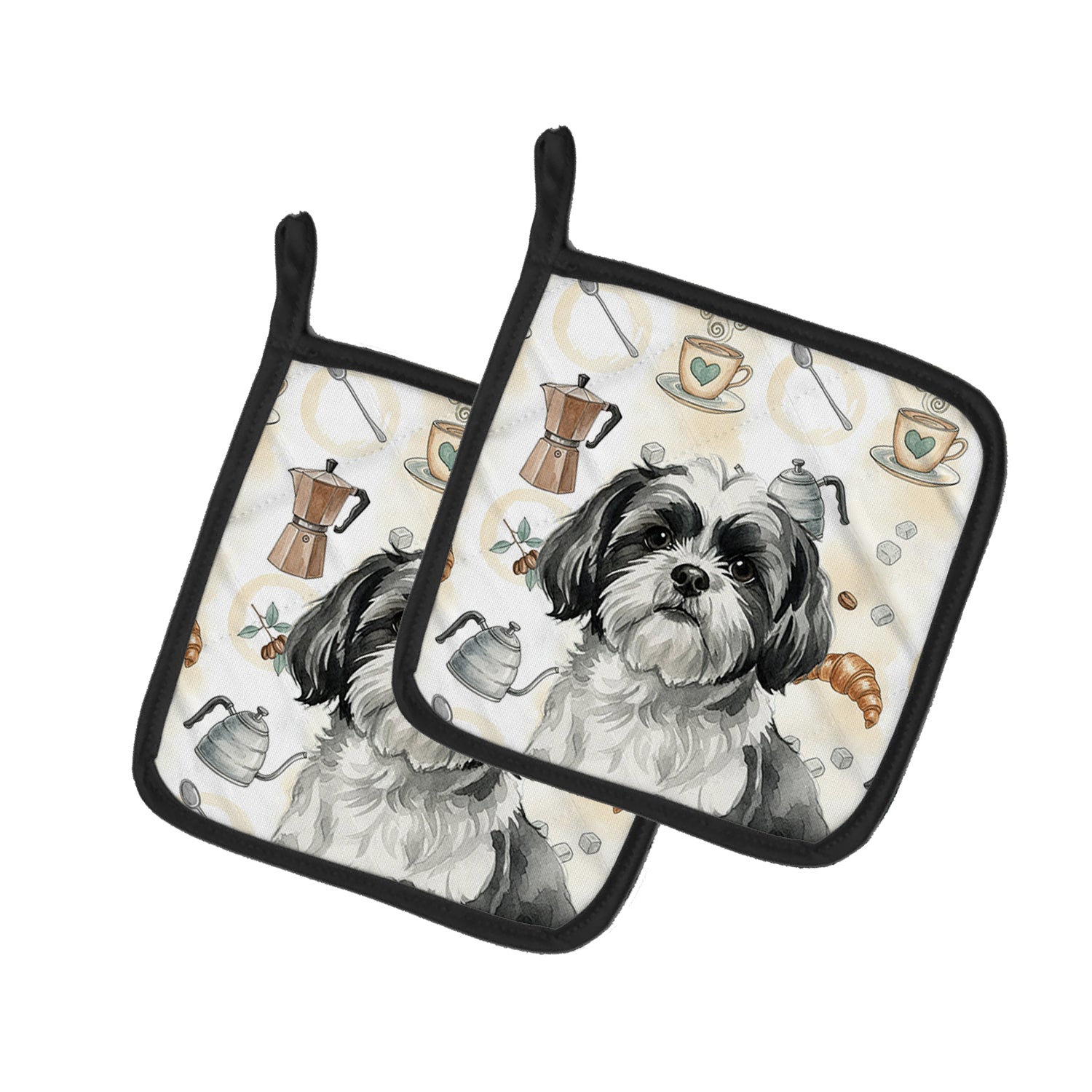 Caroline's Treasures Black and White Shih Tzu Coffee Bar Pair of Pot Holders
