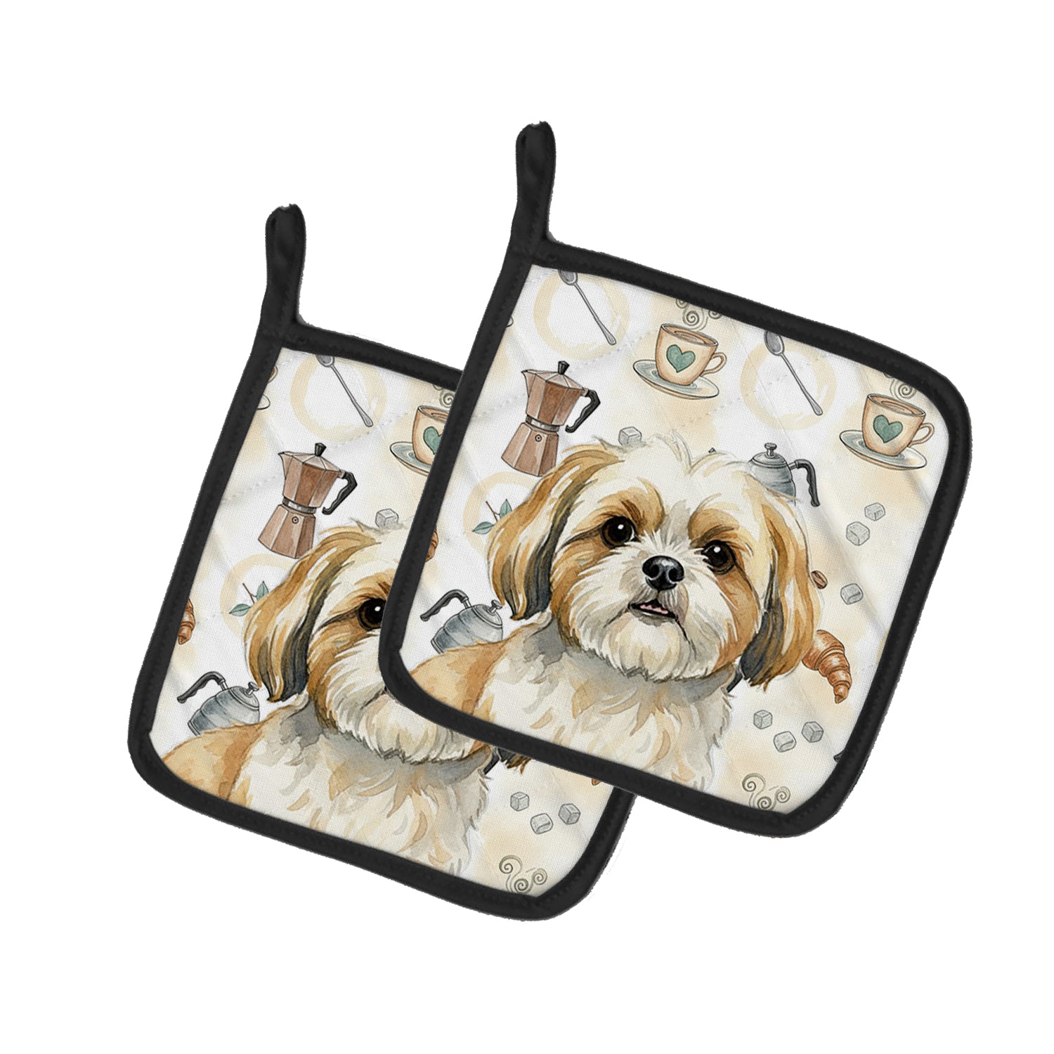 Caroline's Treasures Gold and White Shih Tzu Coffee Bar Pair of Pot Holders