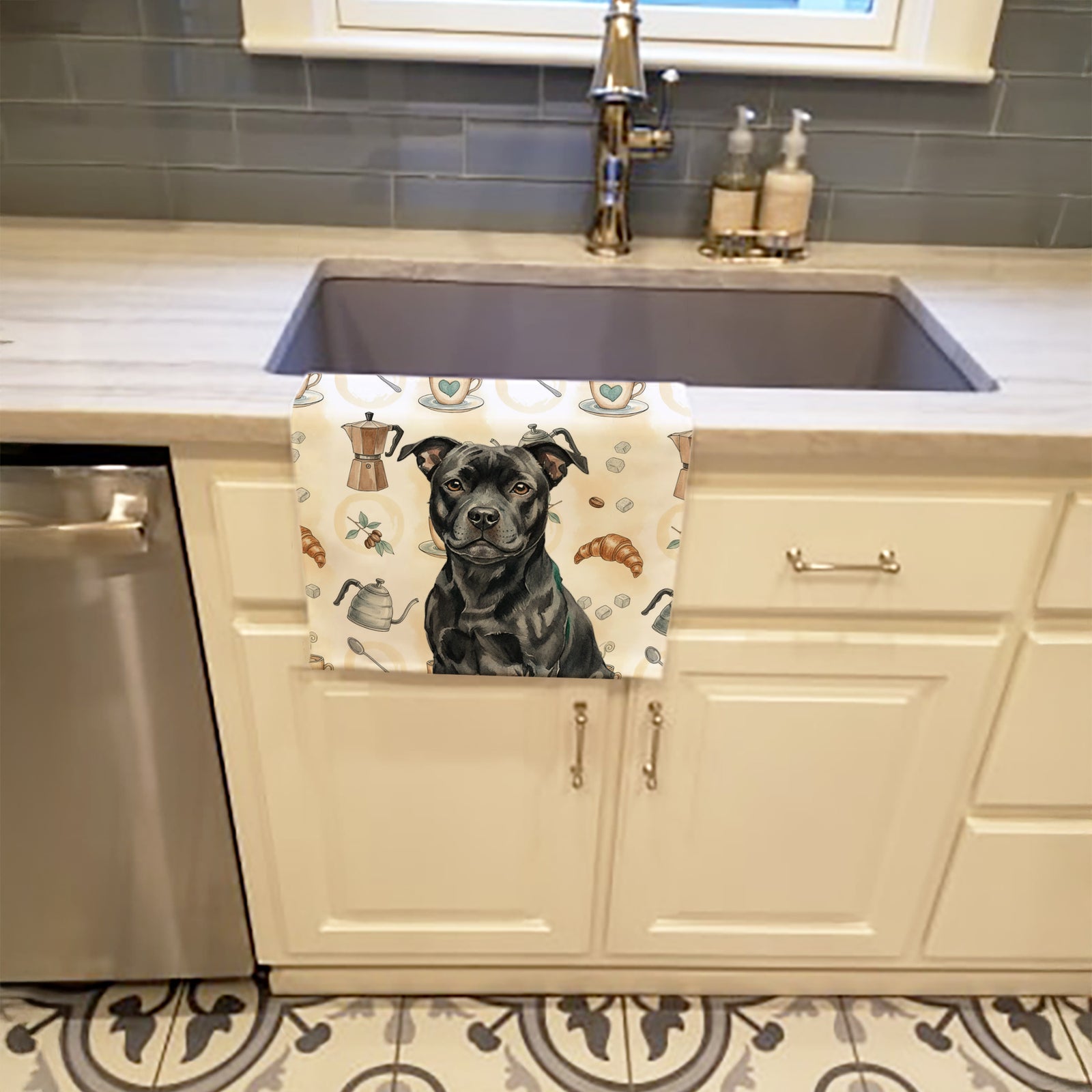 Caroline's Treasures Black Staffordshire Bull Terrier Coffee Bar Kitchen Towel