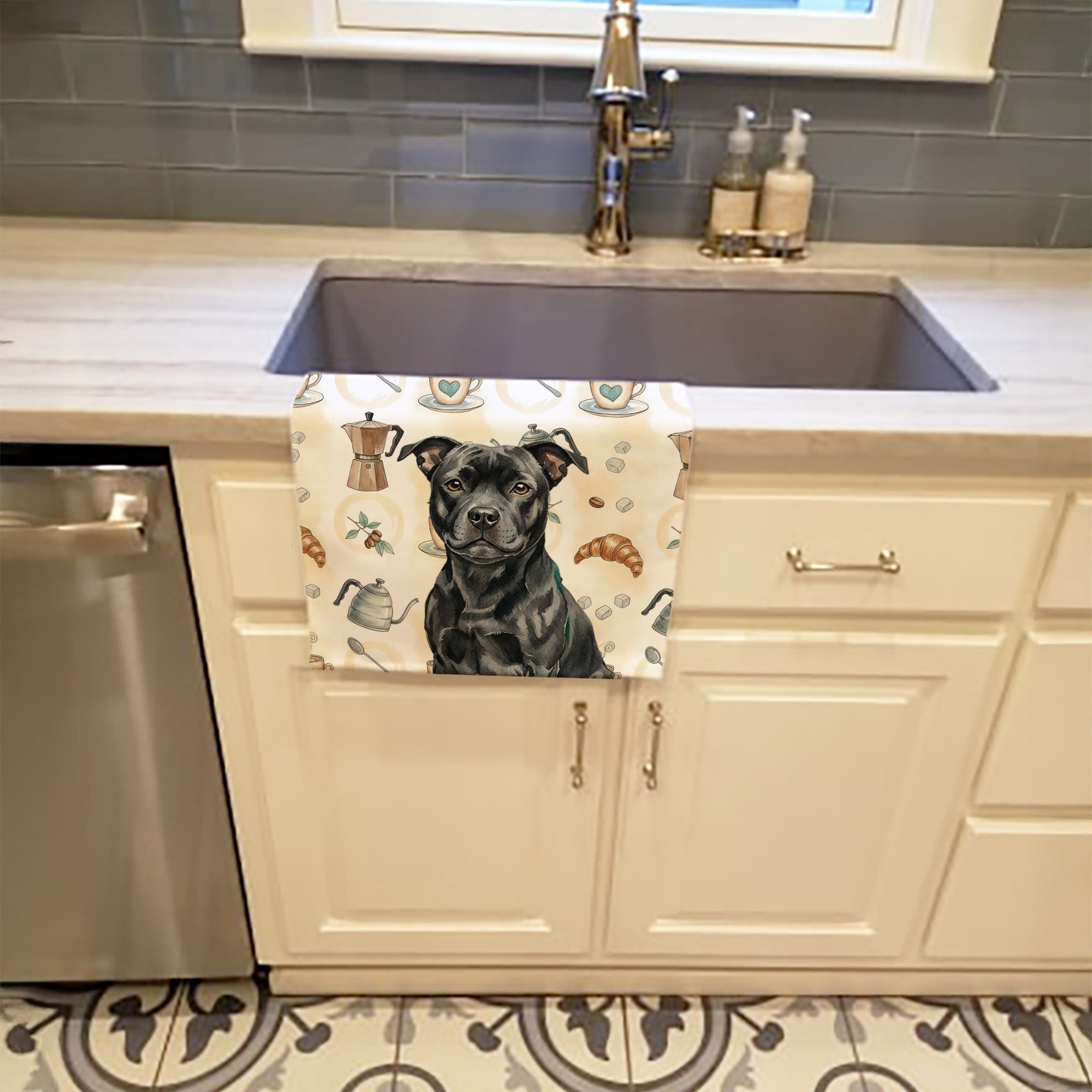 Caroline's Treasures Black Staffordshire Bull Terrier Coffee Bar Kitchen Towel