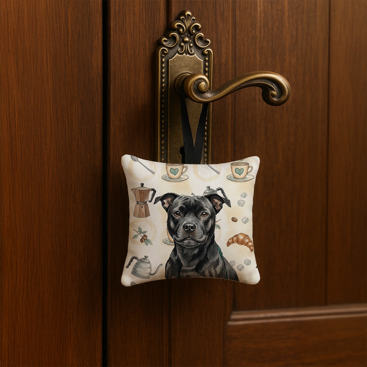 Caroline's Treasures Black Staffordshire Bull Terrier Coffee Bar Hanging Square Fabric Ornament 3.5 × 3.5