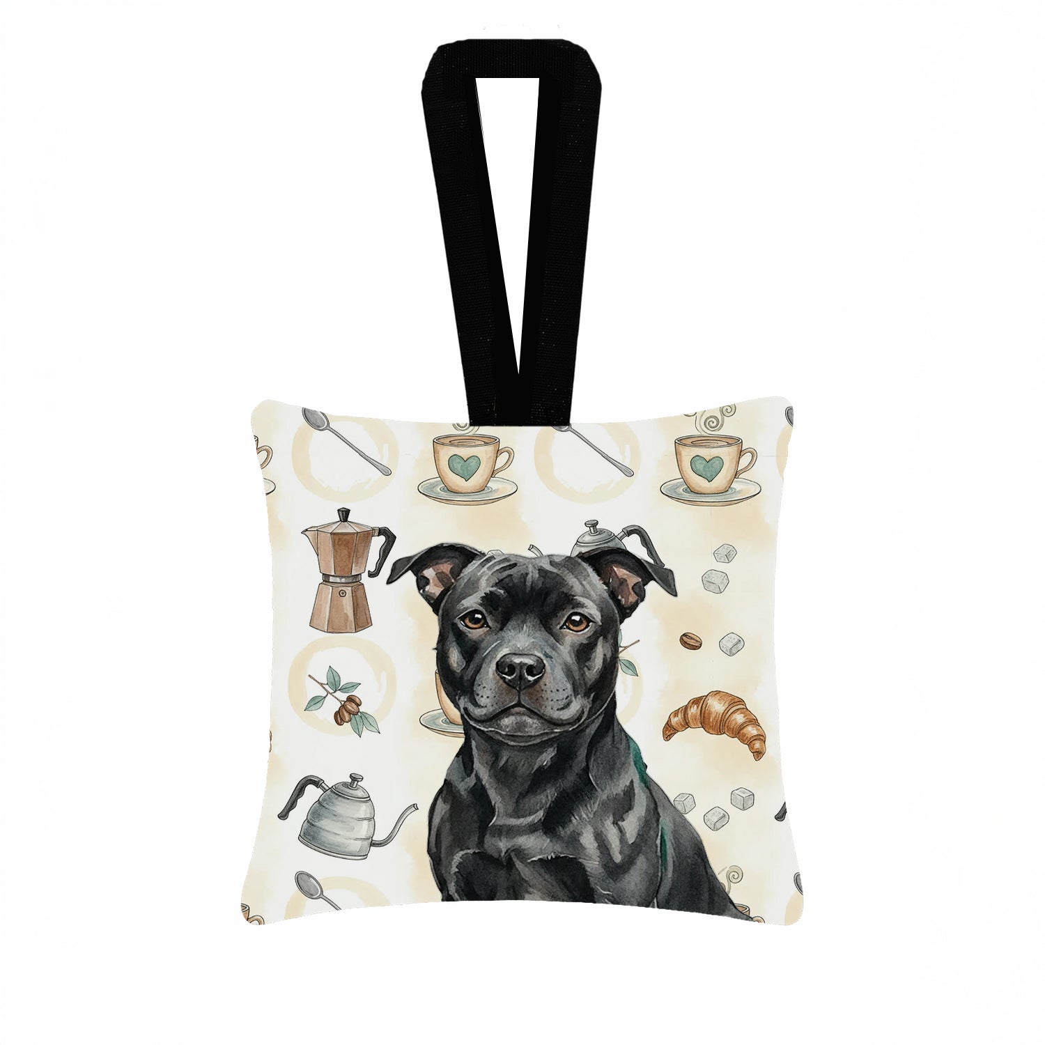 Caroline's Treasures Black Staffordshire Bull Terrier Coffee Bar Hanging Square Fabric Ornament 3.5 × 3.5