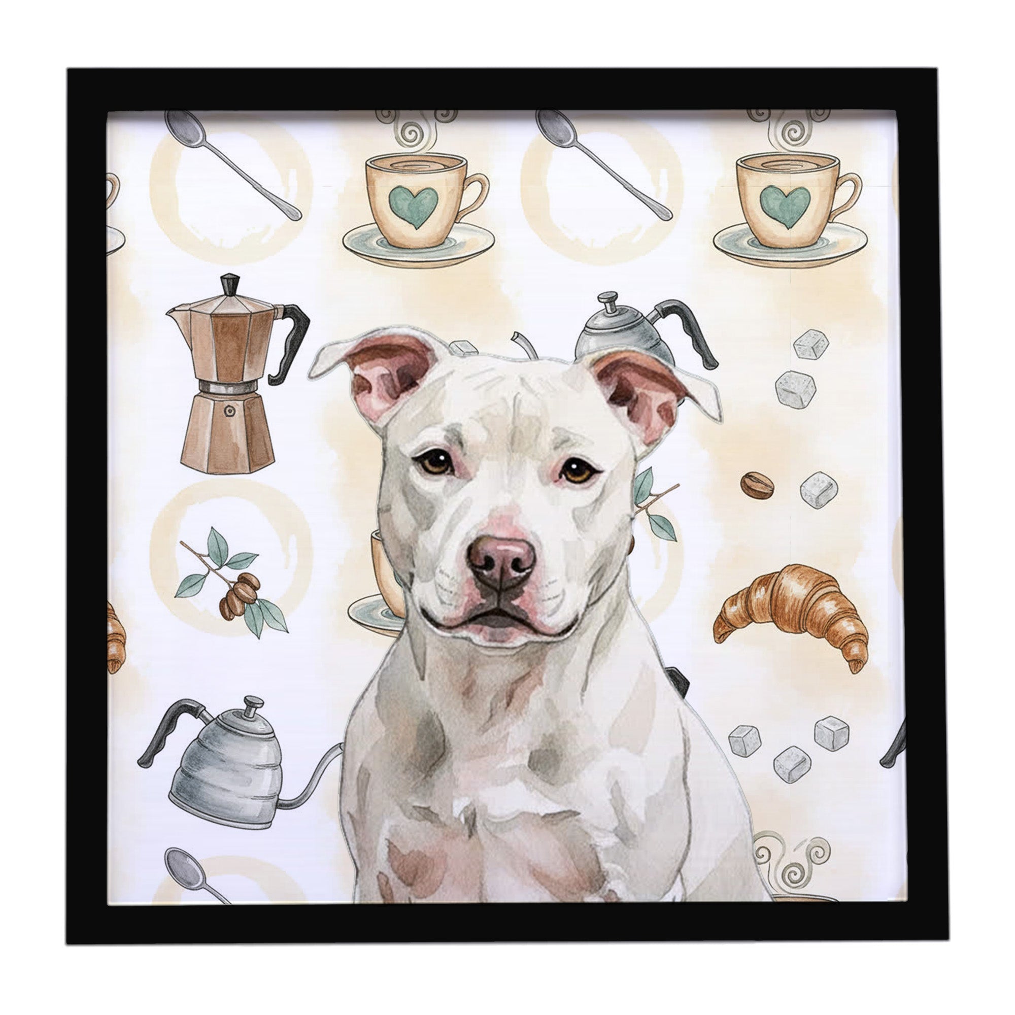 Caroline's Treasures White Staffordshire Bull Terrier Coffee Bar Framed Metal Print