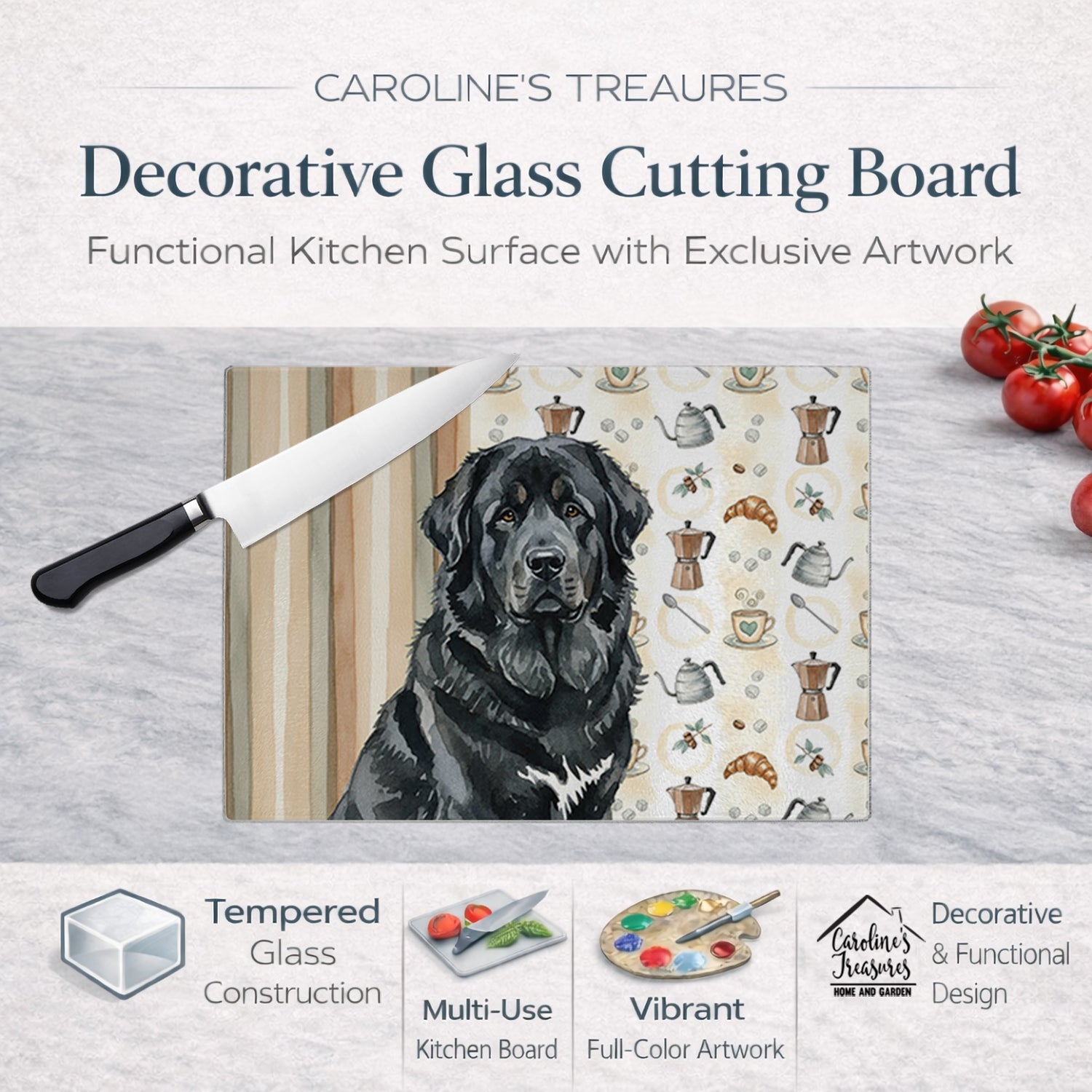 Caroline's Treasures Black Tibetan Mastiff Coffee Bar Glass Cutting Board