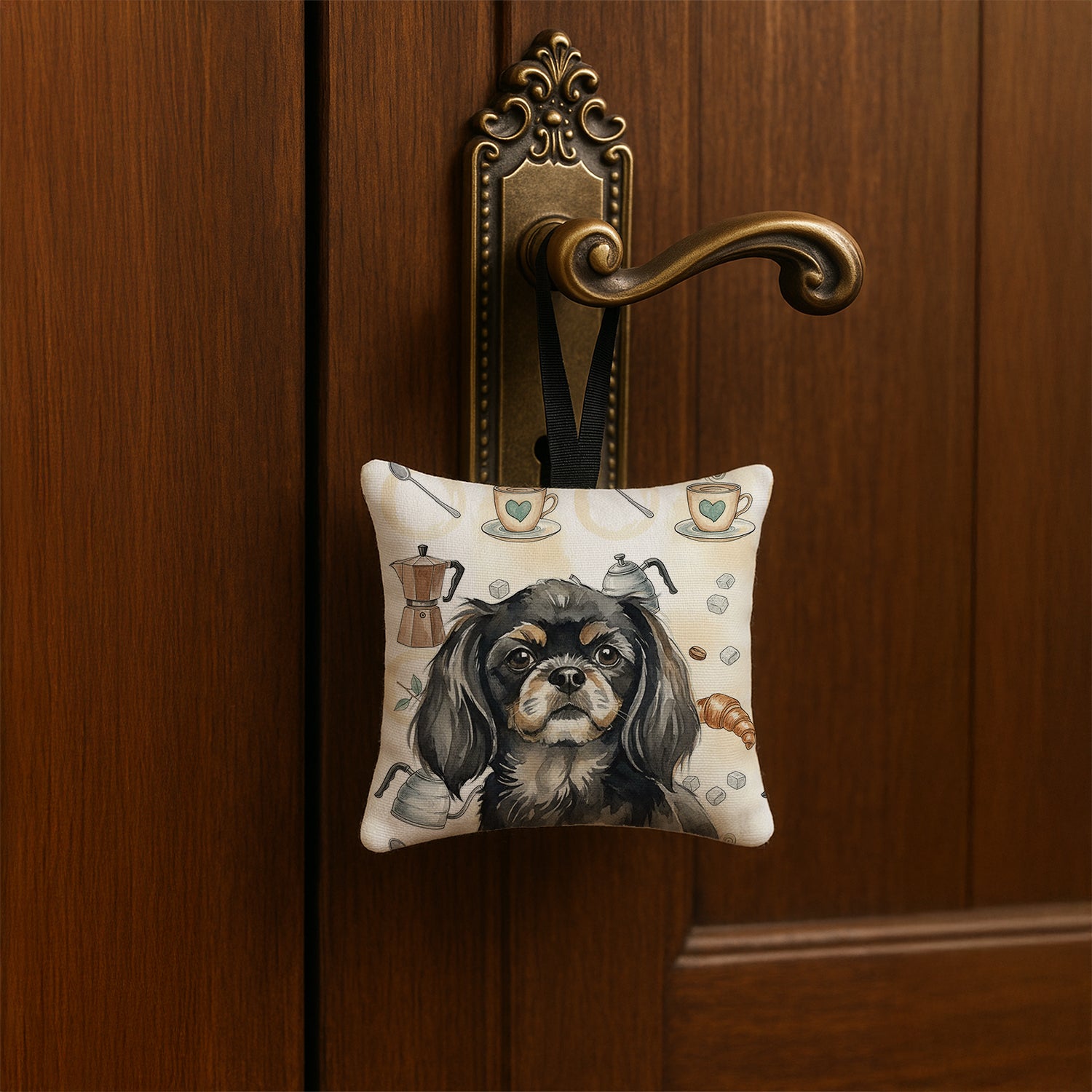 Caroline's Treasures Black and Tan Tibetan Spaniel Coffee Bar Hanging Square Fabric Ornament 3.5 × 3.5