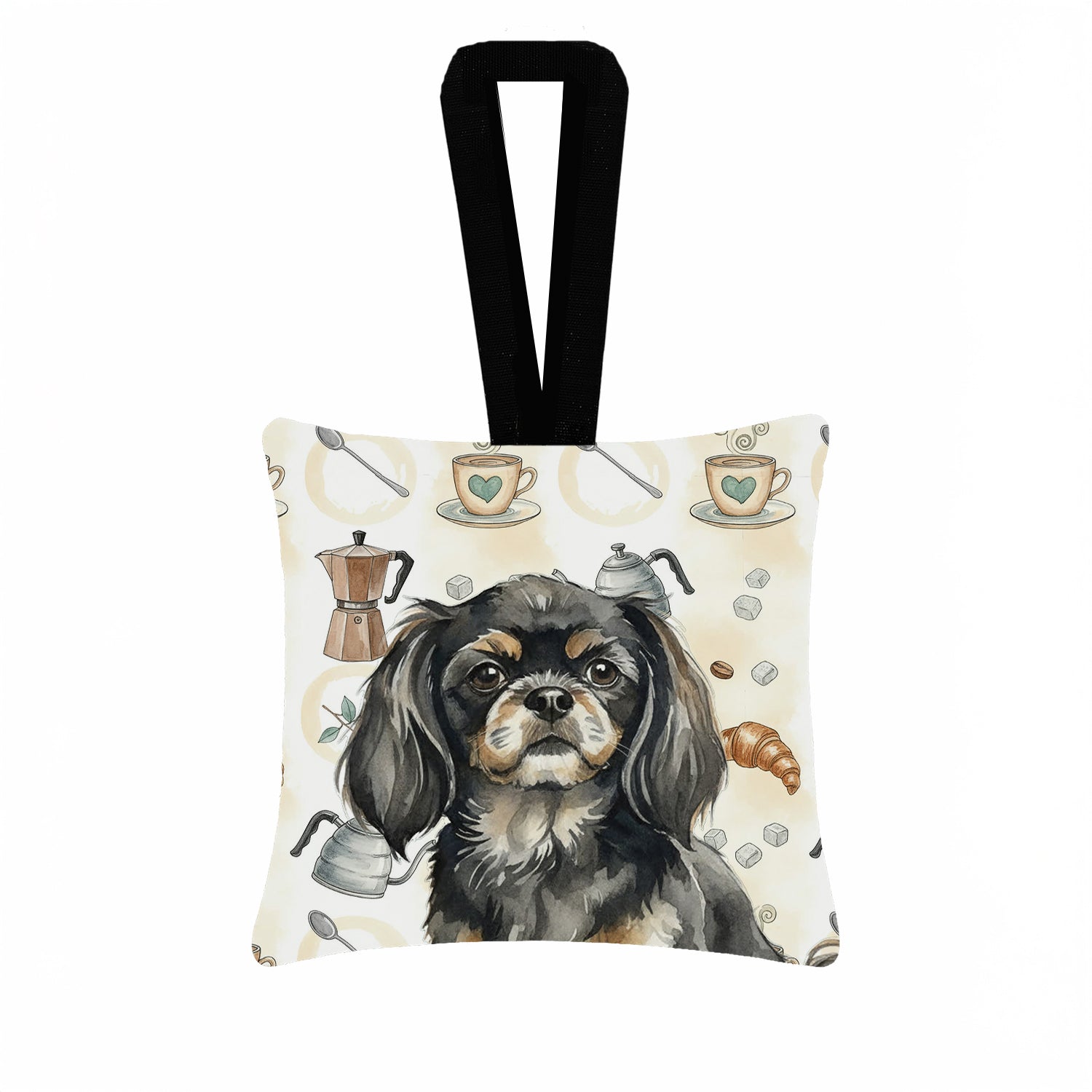Caroline's Treasures Black and Tan Tibetan Spaniel Coffee Bar Hanging Square Fabric Ornament 3.5 × 3.5