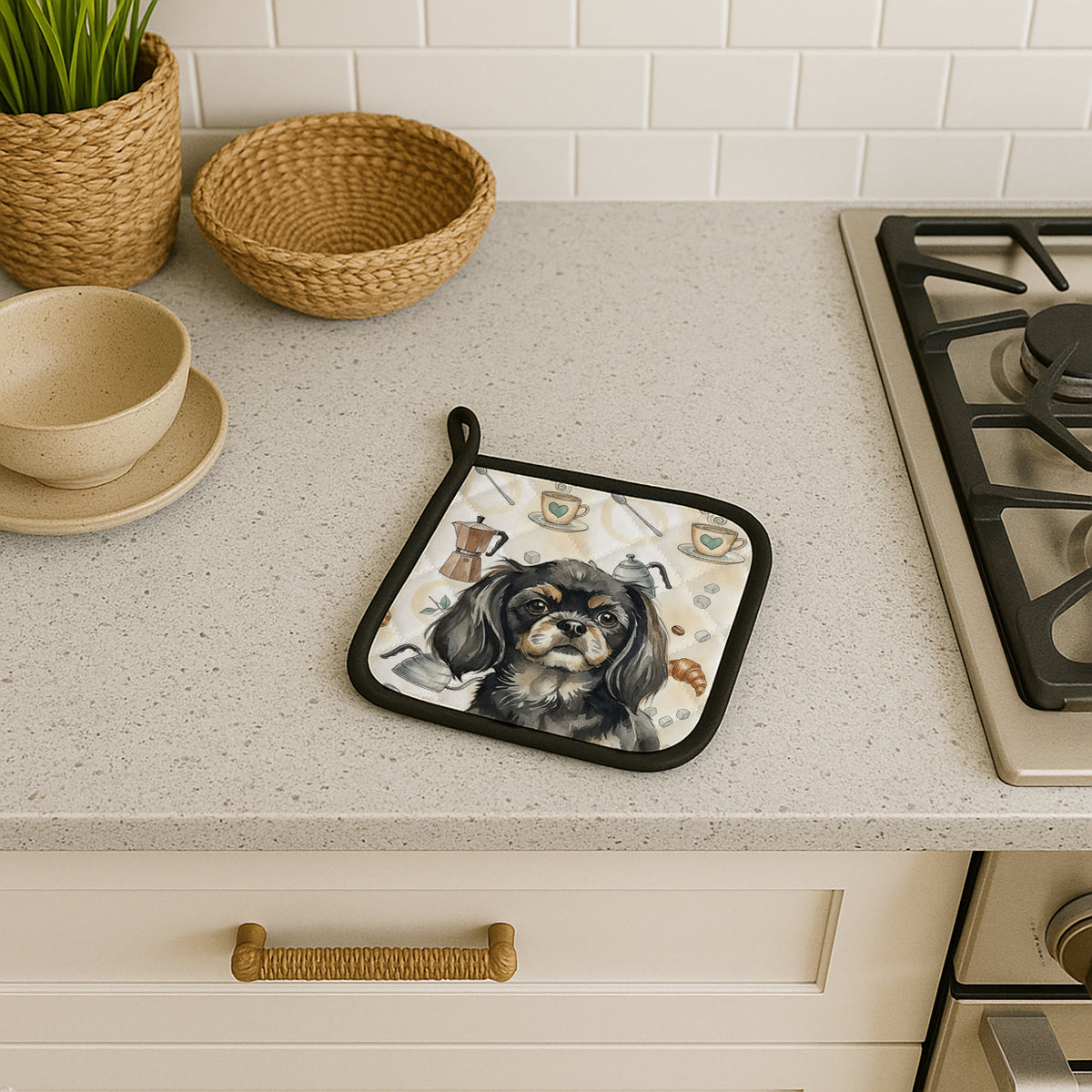 Caroline's Treasures Black and Tan Tibetan Spaniel Coffee Bar Pair of Pot Holders