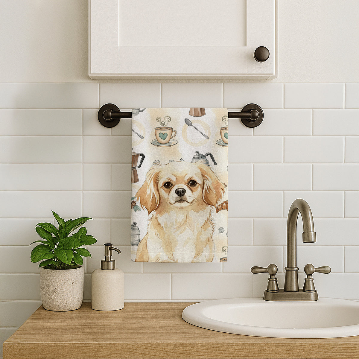 Caroline's Treasures Cream Tibetan Spaniel Coffee Bar Kitchen Towel