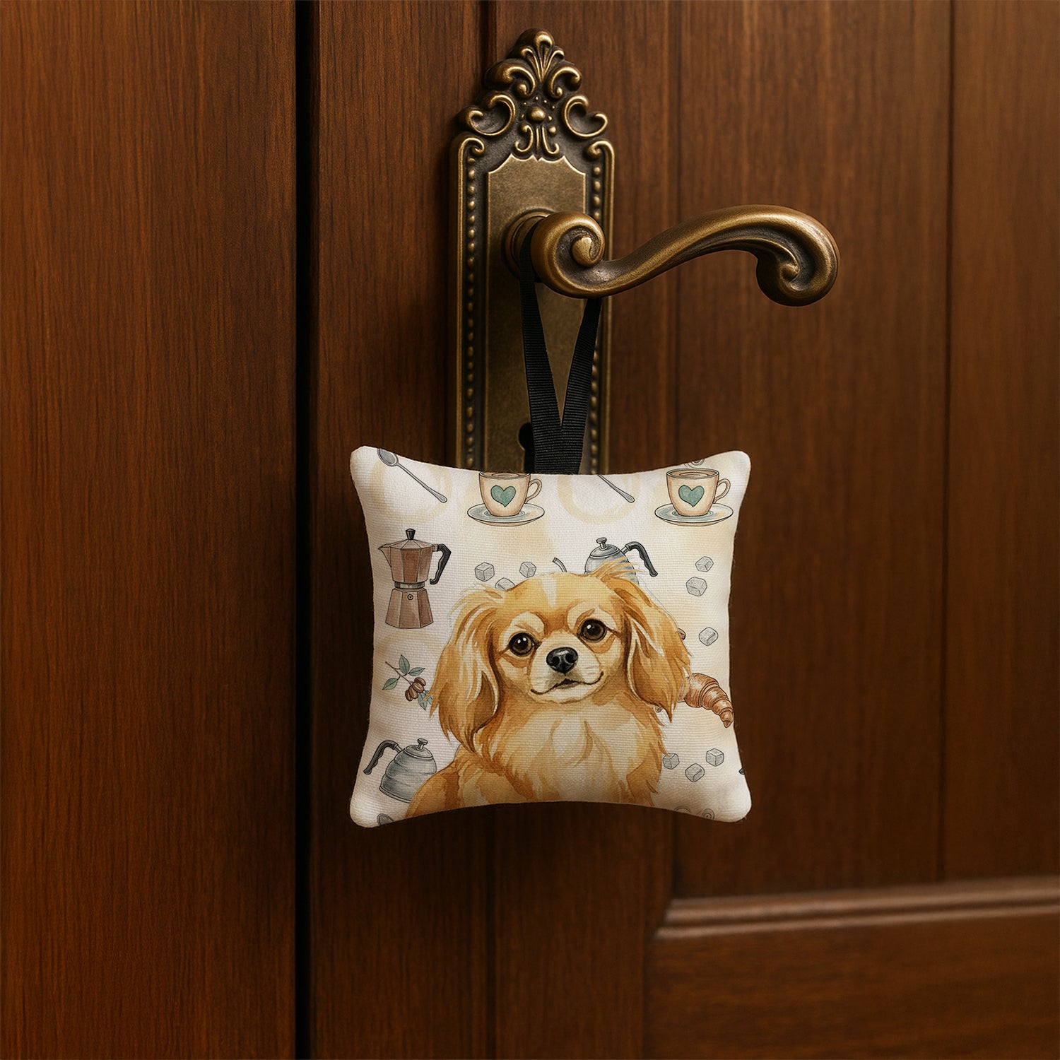 Caroline's Treasures Gold Tibetan Spaniel Coffee Bar Hanging Square Fabric Ornament 3.5 × 3.5