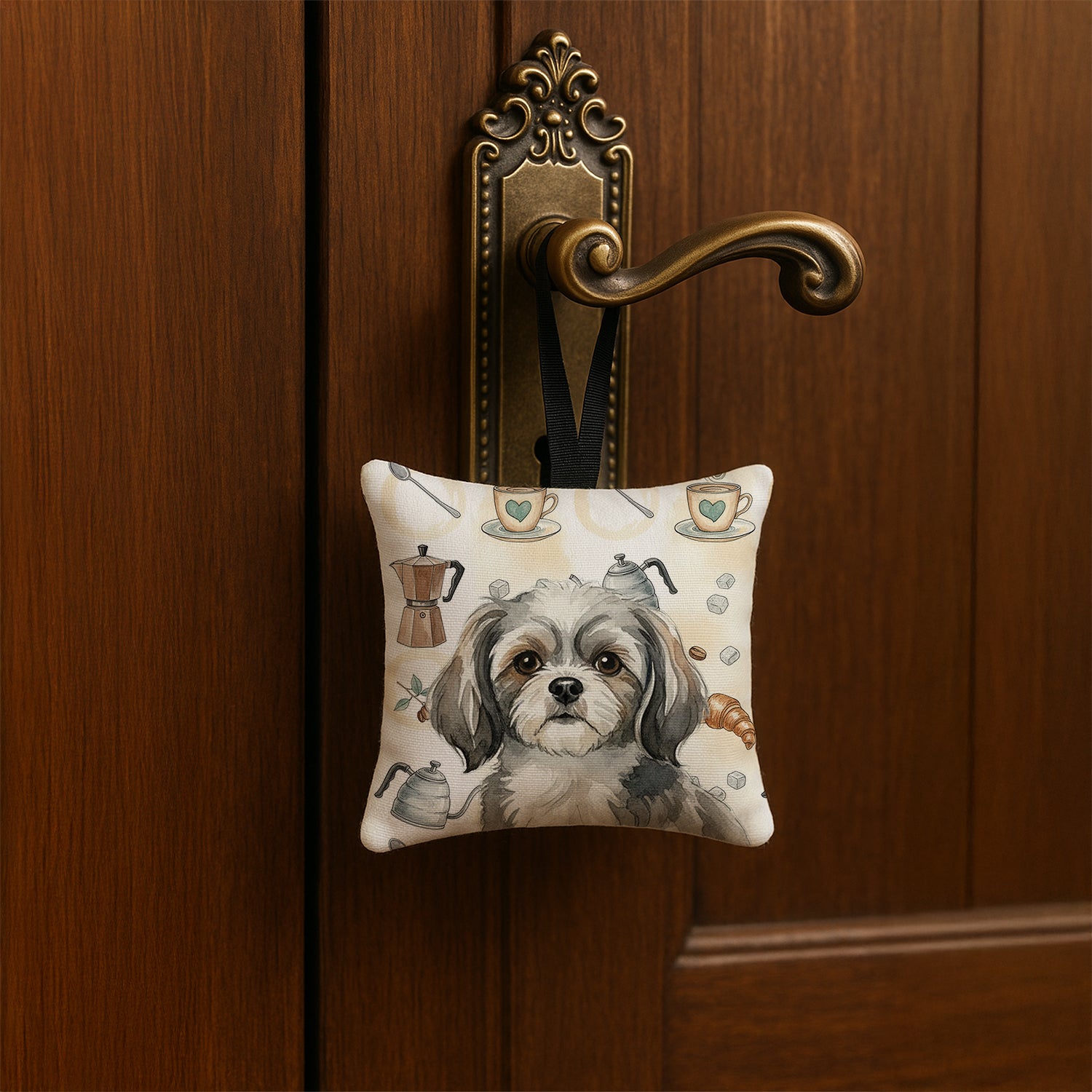 Caroline's Treasures Grey and White Tibetan Spaniel Coffee Bar Hanging Square Fabric Ornament 3.5 × 3.5
