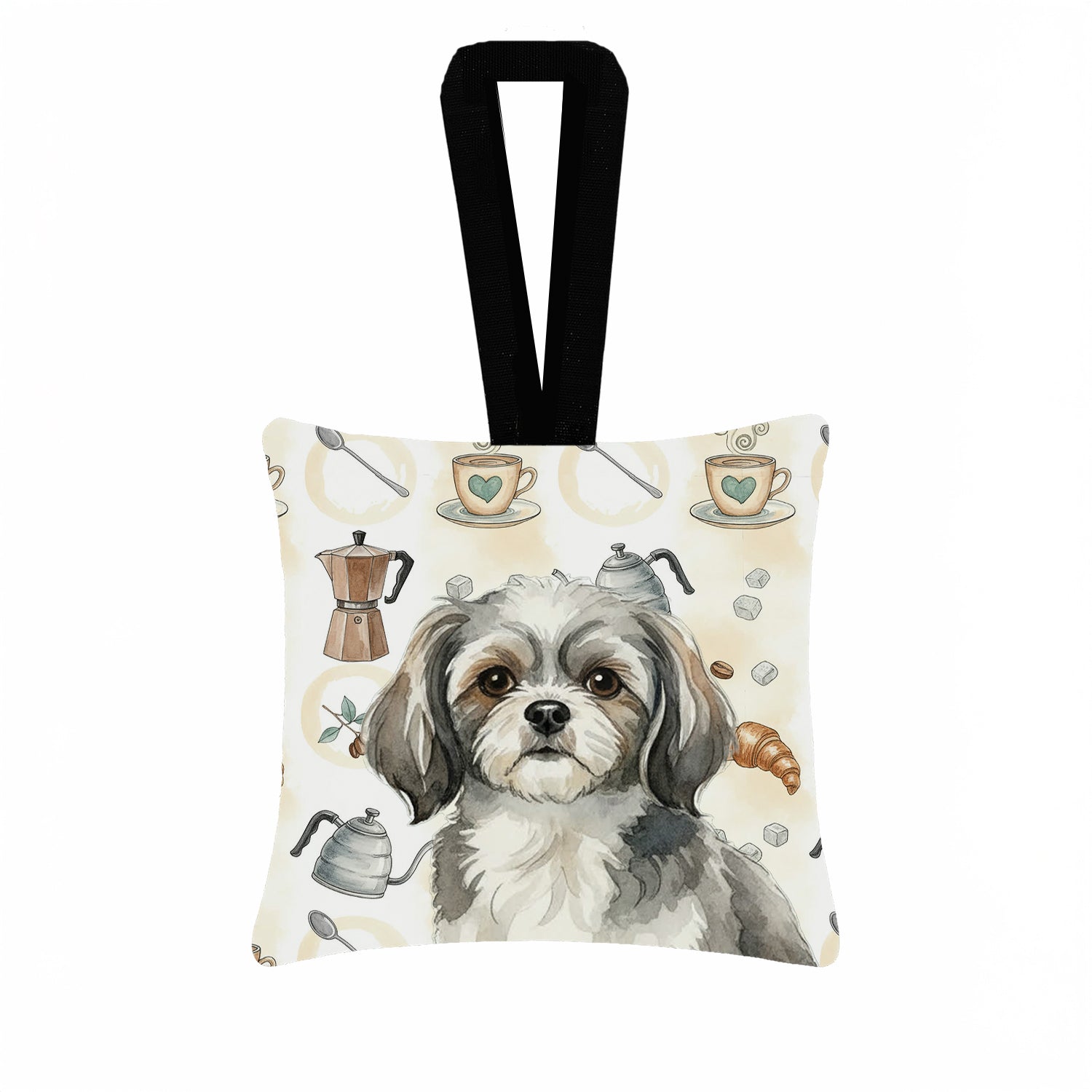 Caroline's Treasures Grey and White Tibetan Spaniel Coffee Bar Hanging Square Fabric Ornament 3.5 × 3.5