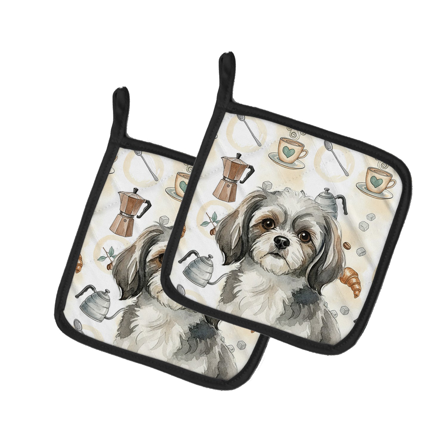 Caroline's Treasures Grey and White Tibetan Spaniel Coffee Bar Pair of Pot Holders