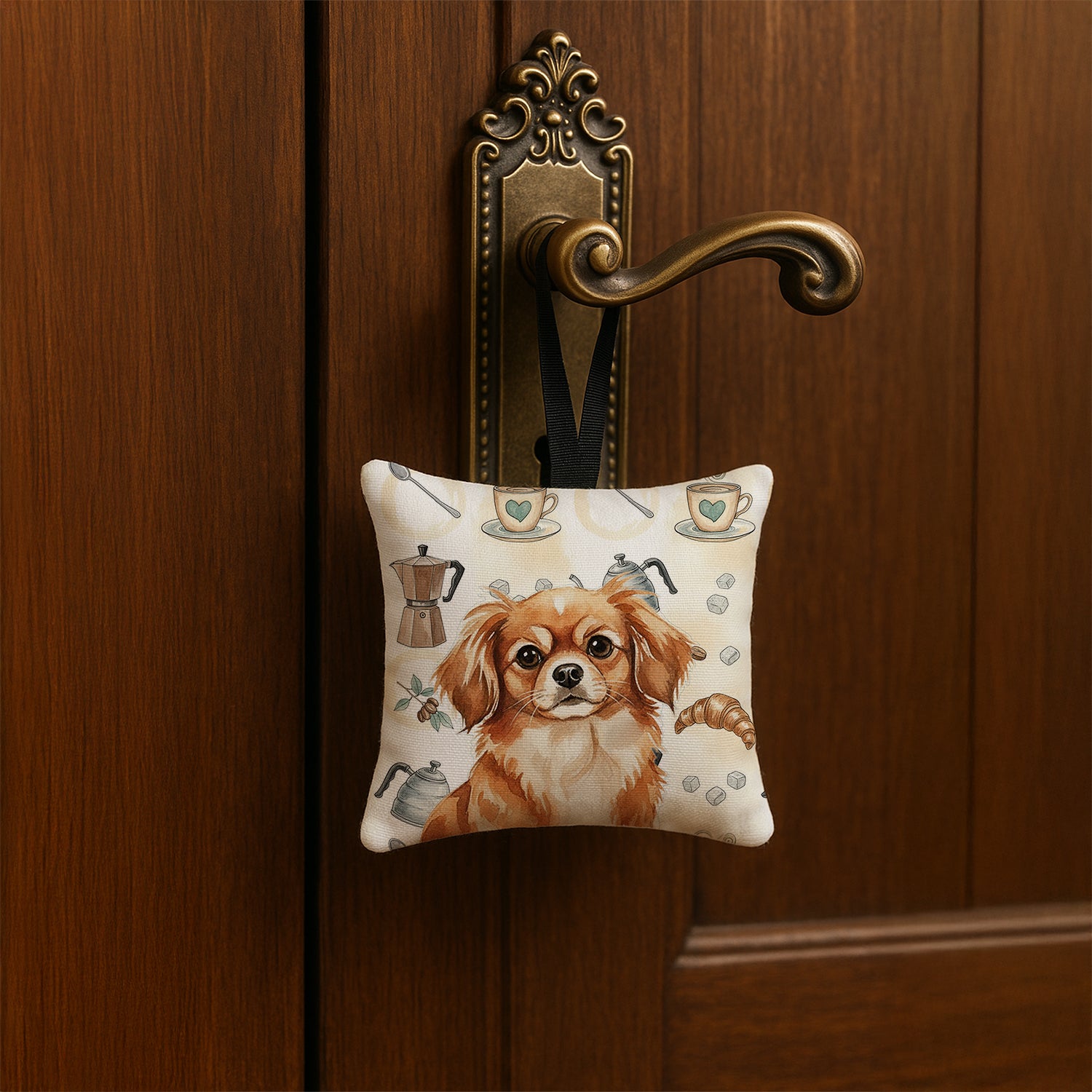 Caroline's Treasures Red Tibetan Spaniel Coffee Bar Hanging Square Fabric Ornament 3.5 × 3.5