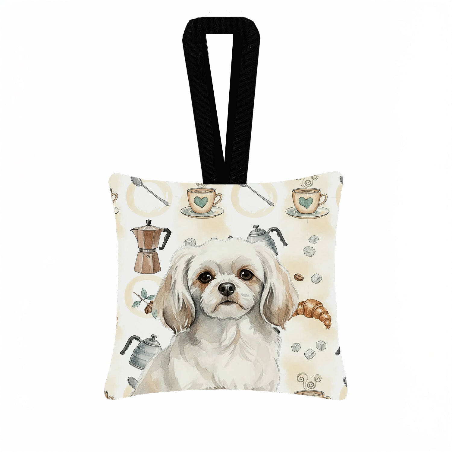 Caroline's Treasures White Tibetan Spaniel Coffee Bar Hanging Square Fabric Ornament 3.5 × 3.5