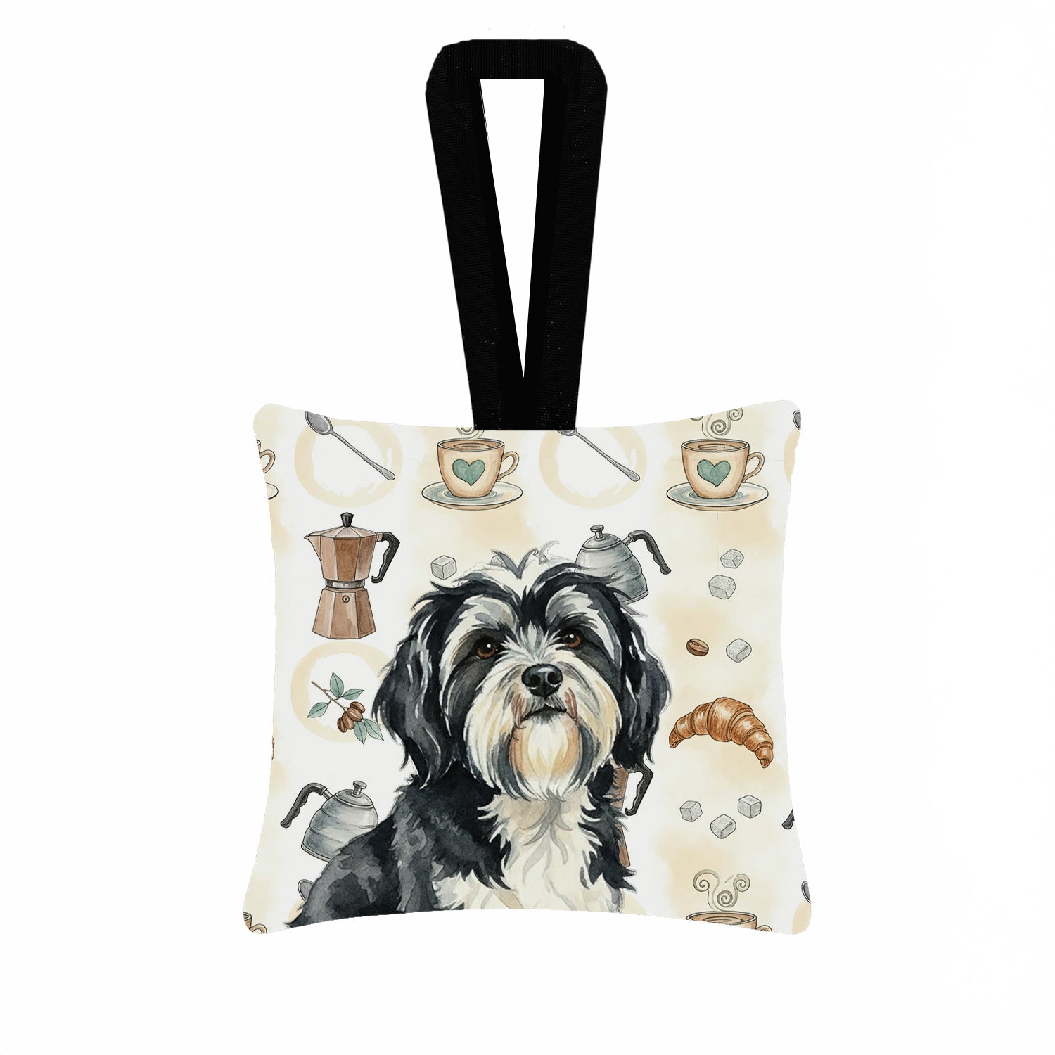 Caroline's Treasures Black and White Tibetan Terrier Coffee Bar Hanging Square Fabric Ornament 3.5 × 3.5