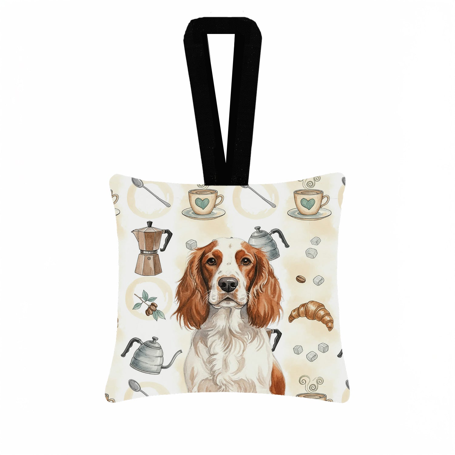 Caroline's Treasures Welsh Springer Spaniel Coffee Bar Hanging Square Fabric Ornament 3.5 × 3.5