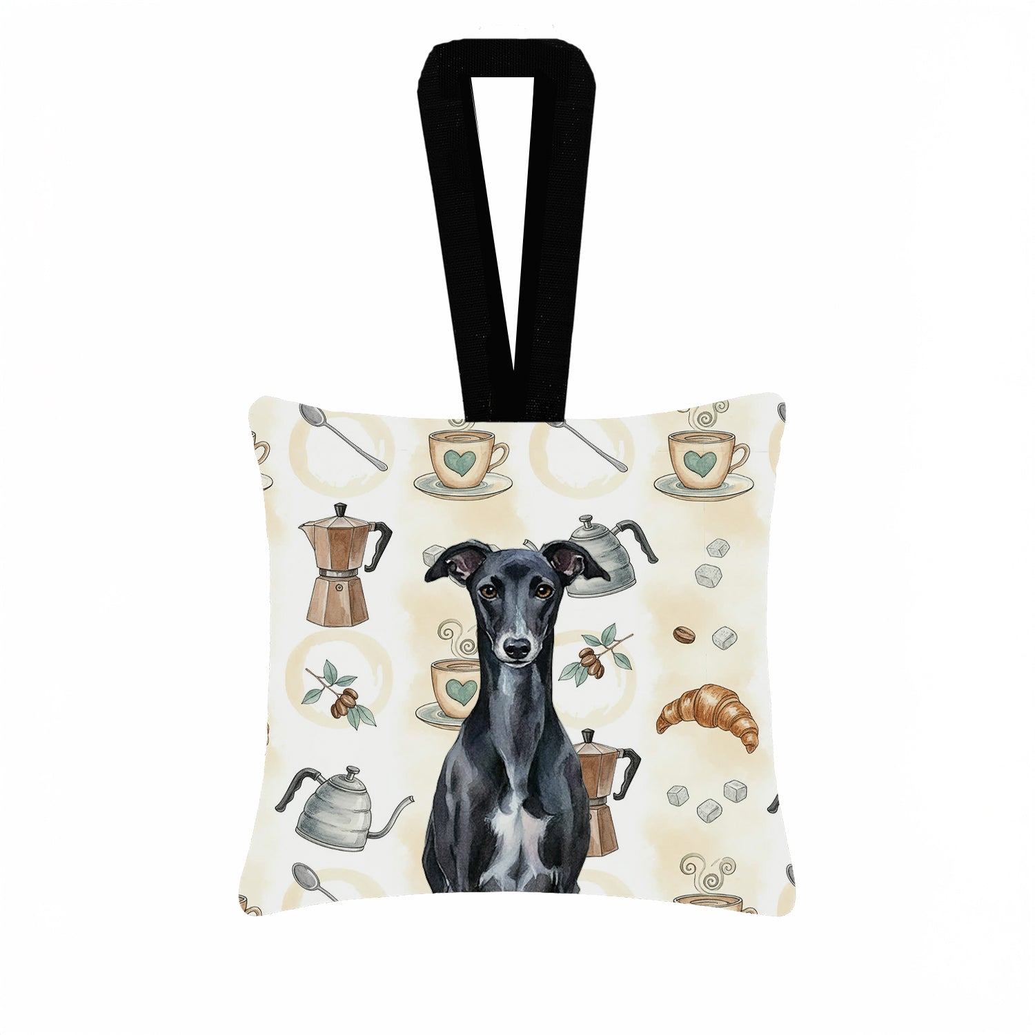 Caroline's Treasures Black Whippet Coffee Bar Hanging Square Fabric Ornament 3.5 × 3.5