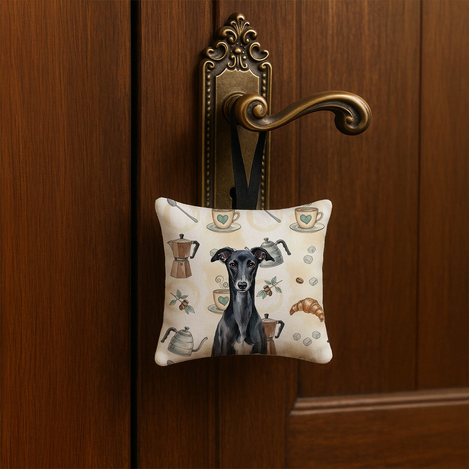 Caroline's Treasures Black Whippet Coffee Bar Hanging Square Fabric Ornament 3.5 × 3.5